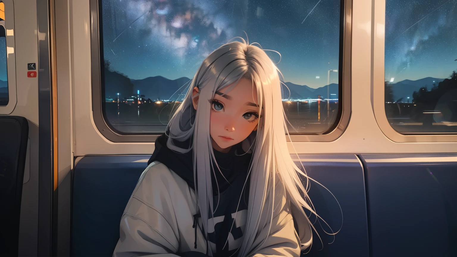 train, sit by the window, take a pensive posture, look at the stars, head stuck in glass, Scenery passing by at high speed, night trip, beautiful starry sky, Beautiful girl, UHD portrait, (high quality) (ultra detail) Observation of viewers wearing hip-hop style street clothes; different, colorful, long colored silver hair 🌈