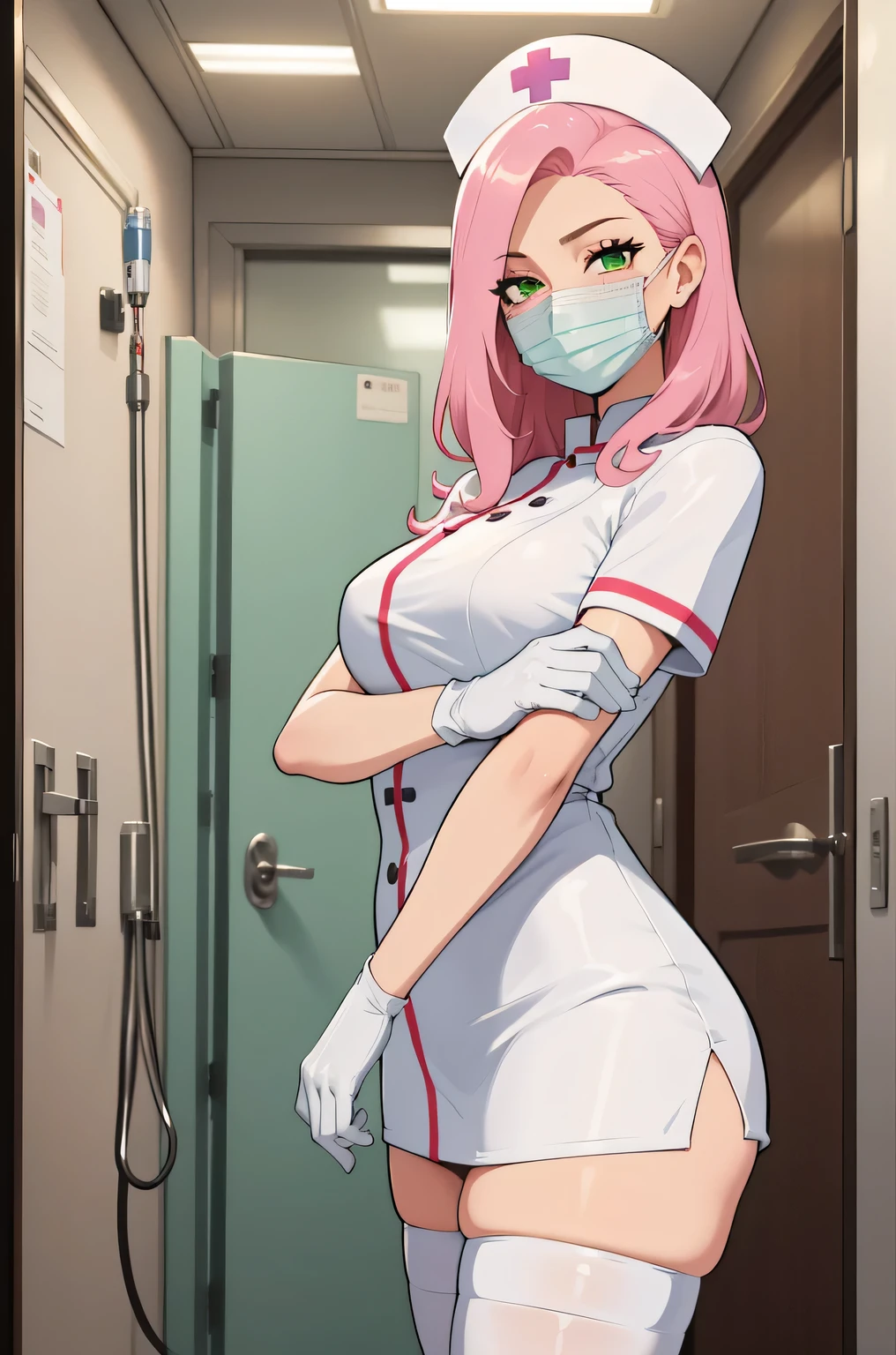 1 female, alone, nurse, nurse cap, white clothes, ((white legwear, zettai ryouiki)), white gloves, pink hair, green eyes, droopy eyes, ((white surgical mask, covered nose)), Are standing, ((hospital room)), sharp outline, short sleeve, mature woman, 32 years old, highest quality, masterpiece