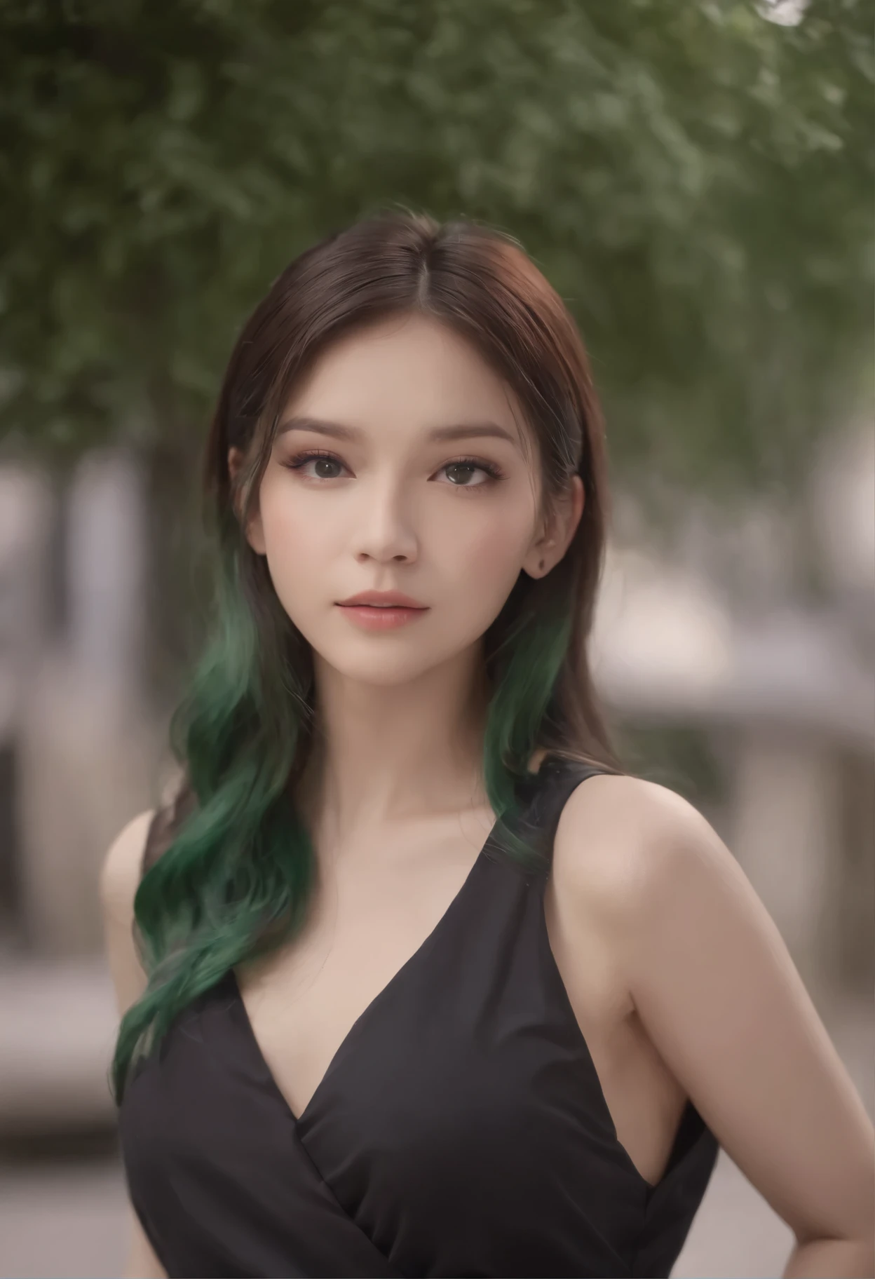 1 girl, Best quality, Masterpiece, A high resolution, [violet|sliver|green] _hair, black miniskirt, hair accessory, necklace, Jewelry, Beautiful face, look forward to, full body view, Realistic, open, Modern Square, two-color lighting, (Skin with high detail: 1.2), 8K UHD, SLR camera, soft light, high quality, volumetric light, frank, Photo, A high resolution, 4k, 8K, background blur