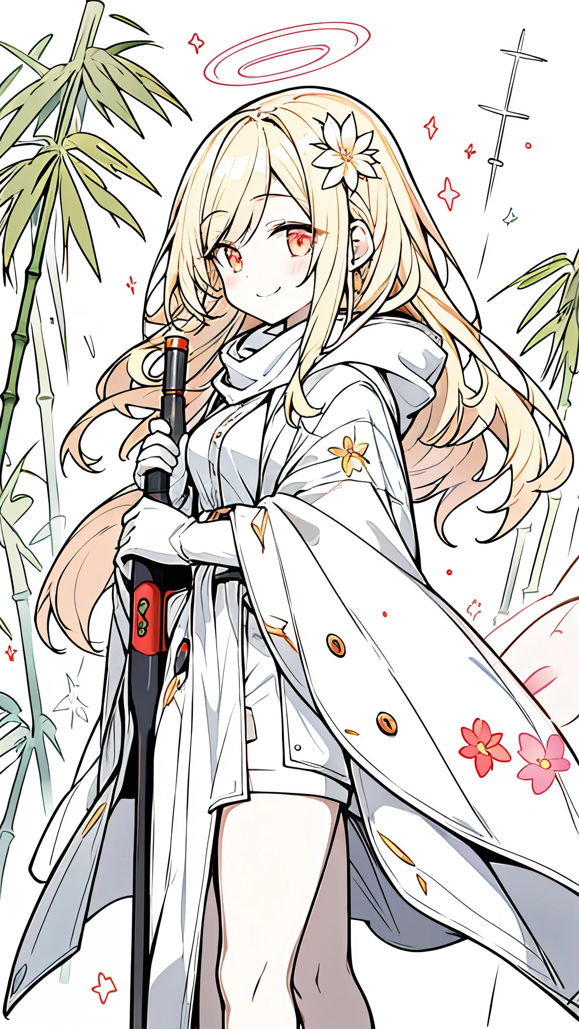 ((masterpiece:1.4,best quality))+,(Super detailed)+,(super detailed eyes)+,(white leg rings:1.5),
(cute girl),,(golden eyes:1.15),long blonde hair,(changes through:1.2),pale skin,cold,Smile,一個誘人的Smile,
(She was wearing a light pink hooded trench coat,白色flower纹;There's fluff on it:1.5),(red:1.4),thin legs,halo,Mechanical construction,Manipulator,medical kit,tiger mask,from the side,rifle,crystal,
(flower:1.1),
(Dawn light:1.2),
(bamboo:1.16),(depth of field:1.4),