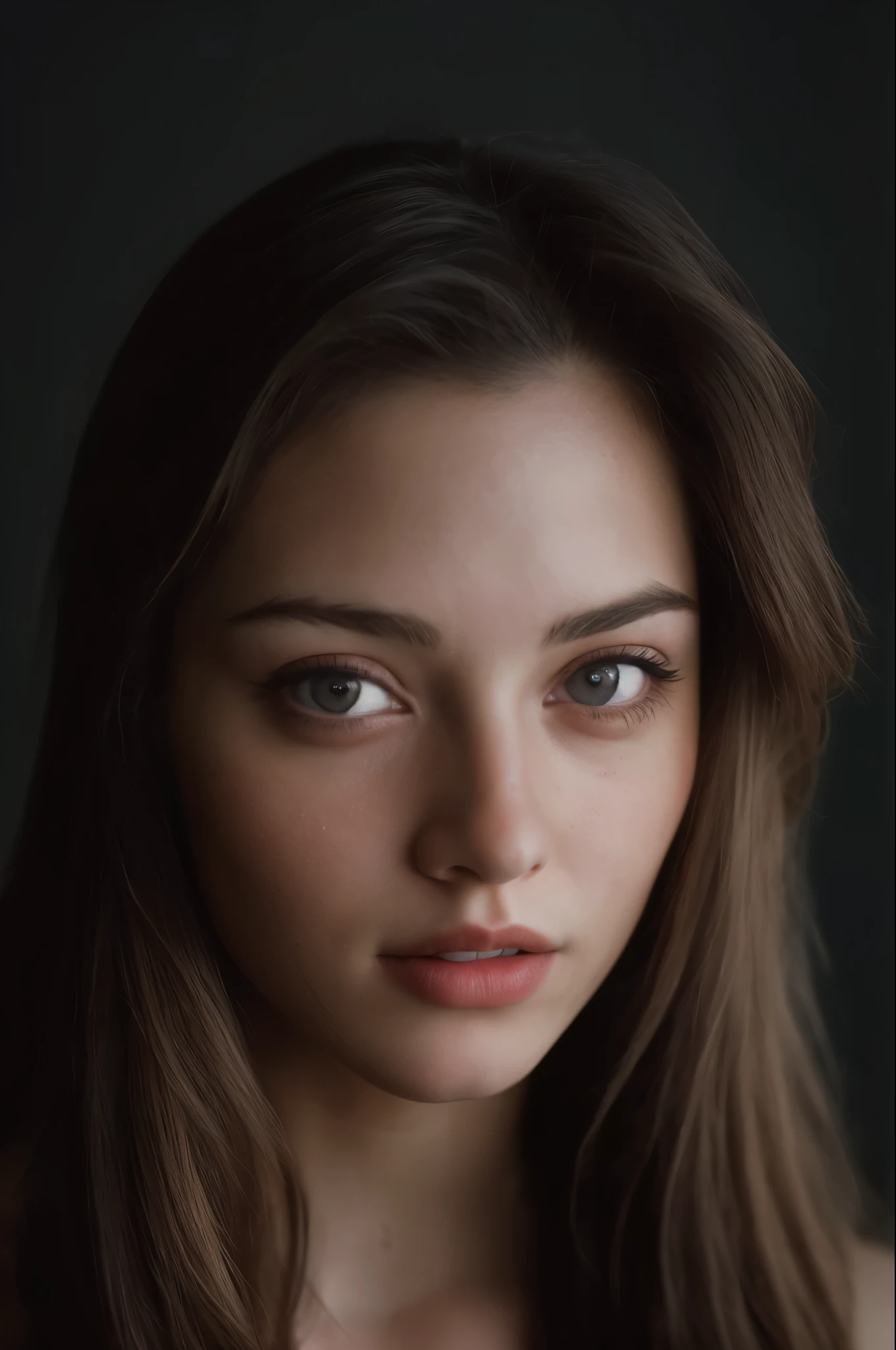(close-up, editorial photograph of a 21 year old woman), (highly detailed face:1.4) (smile:0.7) (background inside dark, moody, private study:1.3) POV, by lee jeffries, nikon d850, film stock photograph ,4 kodak portra 400 ,camera f1.6 lens ,rich colors ,hyper realistic ,lifelike texture, dramatic lighting , cinestill 800,
