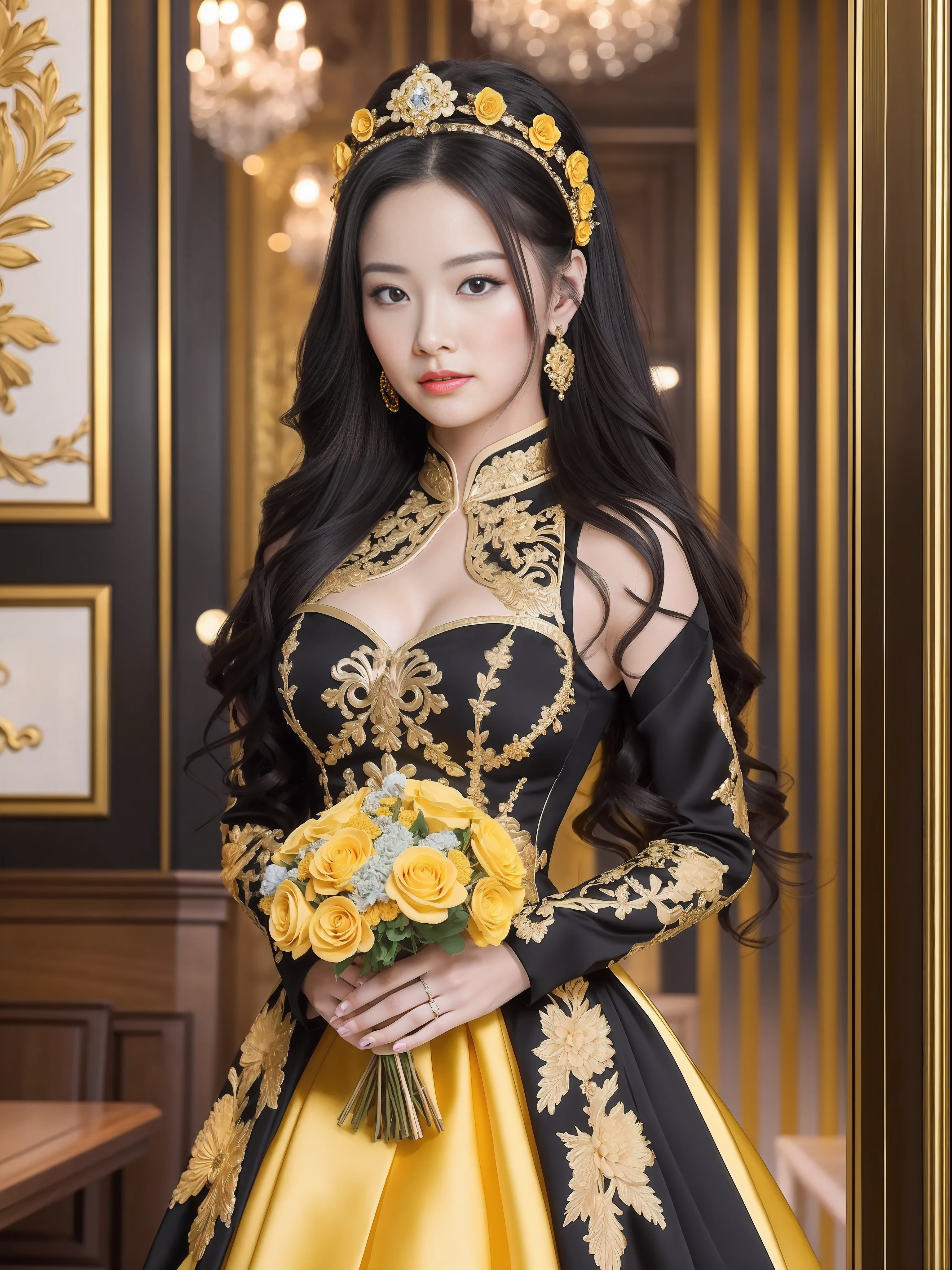 A girl is amazing, very beautiful, long black hair, Wearing a gorgeous dress with lots of yellow details, 拿着一束very beautiful的花束和许多细节, Behind her is an expensive and gorgeous restaurant，Lots of details