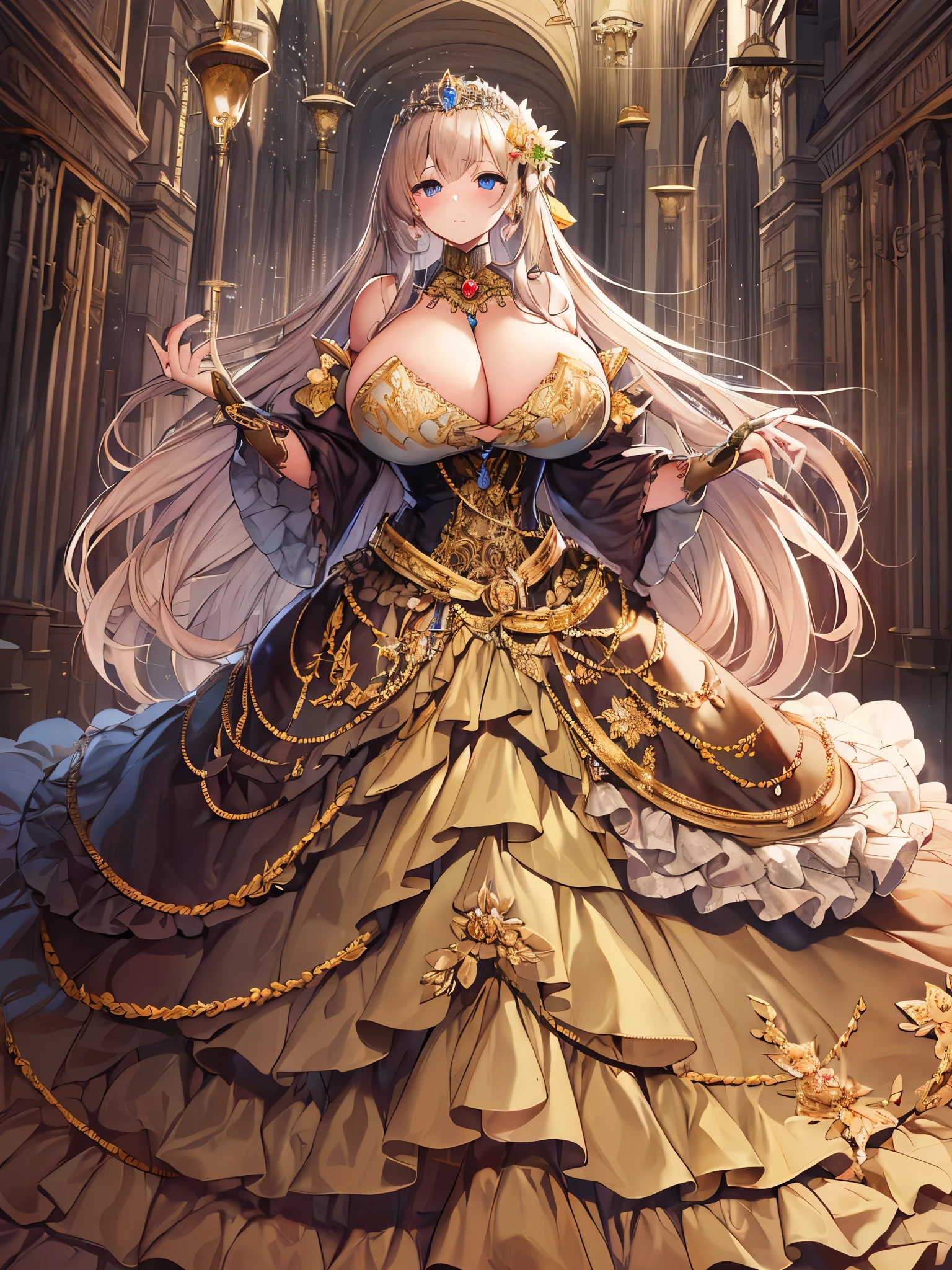 anime artstyle,Masterpiece,Best Quality,Super Detail,Very Delicate and Beautiful,Solo,full body,full body portrait,((1 princess in a jeweled rococo ballgown with beautiful embroidery)),(((very gigantic tits))),cleavage,Skindentation,((fantasy castle,outdoor)),((crinoline,long train)),super detailed gorgeous princess ballgown with voluminous full length hoop skirt,gorgeous princess rococo ballgown with long train,gorgeous princess rococo ballgown with beautiful embroidery and jeweled,(detailed face and eyes),jewel-like eyes,((extremely voluminous straight Hair,Extremely Long Straight Hair)),extremely gorgeous hair ornament,((extremely gorgeous jeweled big tiara)),luxurious jewelry,((super detailed gorgeous princess rococo ballgown with voluminous full length hoop skirt)),full body