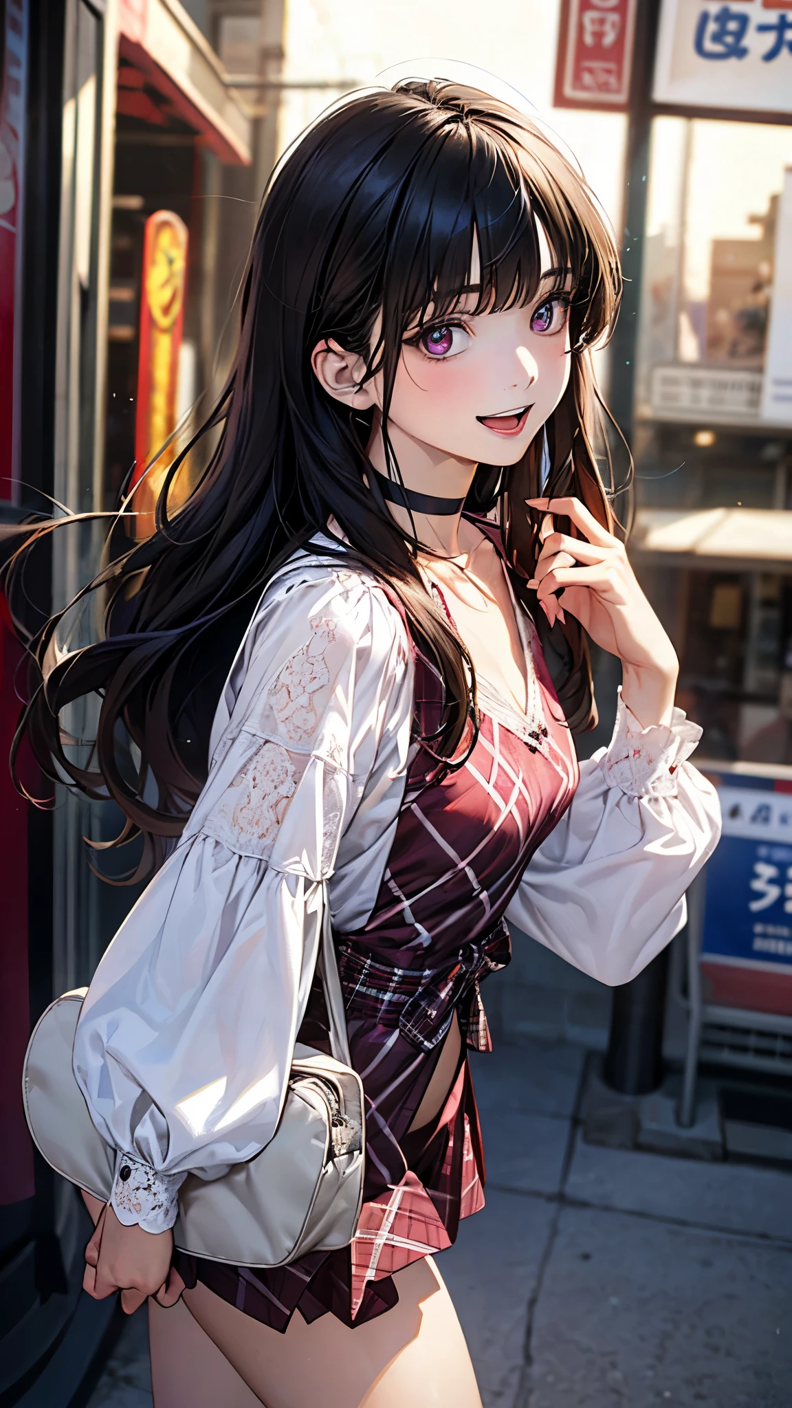 (masterpiece:1.2, top-quality), (realistic, photorealistic:1.4), beautiful illustration, (natural side lighting, movie lighting), depth of fields,
looking at viewer, 1 girl, japanese, high school girl, perfect face, cute and symmetrical face, shiny skin,
(long hair:1.7, (two side up:1.4), black hair, pink headband), blunt bangs, swept bang, purple eyes, long eye lasher, (medium breasts), slender
beautiful hair, beautiful face, beautiful detailed eyes, beautiful clavicle, beautiful body, beautiful chest, beautiful thigh, beautiful legs, beautiful fingers,
((dark red argyle check v-neck one-piece, long sleeves white puff sleeve blouse, black choker)), black hand bag,
(beautiful scenery), evening, (outside movie theater), walking, (lovely smile, upper eyes, open mouth small),