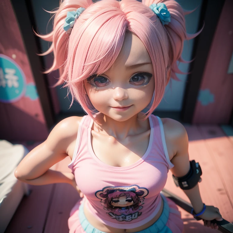 masterpiece, Highest quality, High resolution, Absurd, One girl, crowd, skirt, Pink Hair, gasai yuno, From below, Revealing clothing, Skin Dentition, Outdoor, sunlight, street, View your viewers, blush,