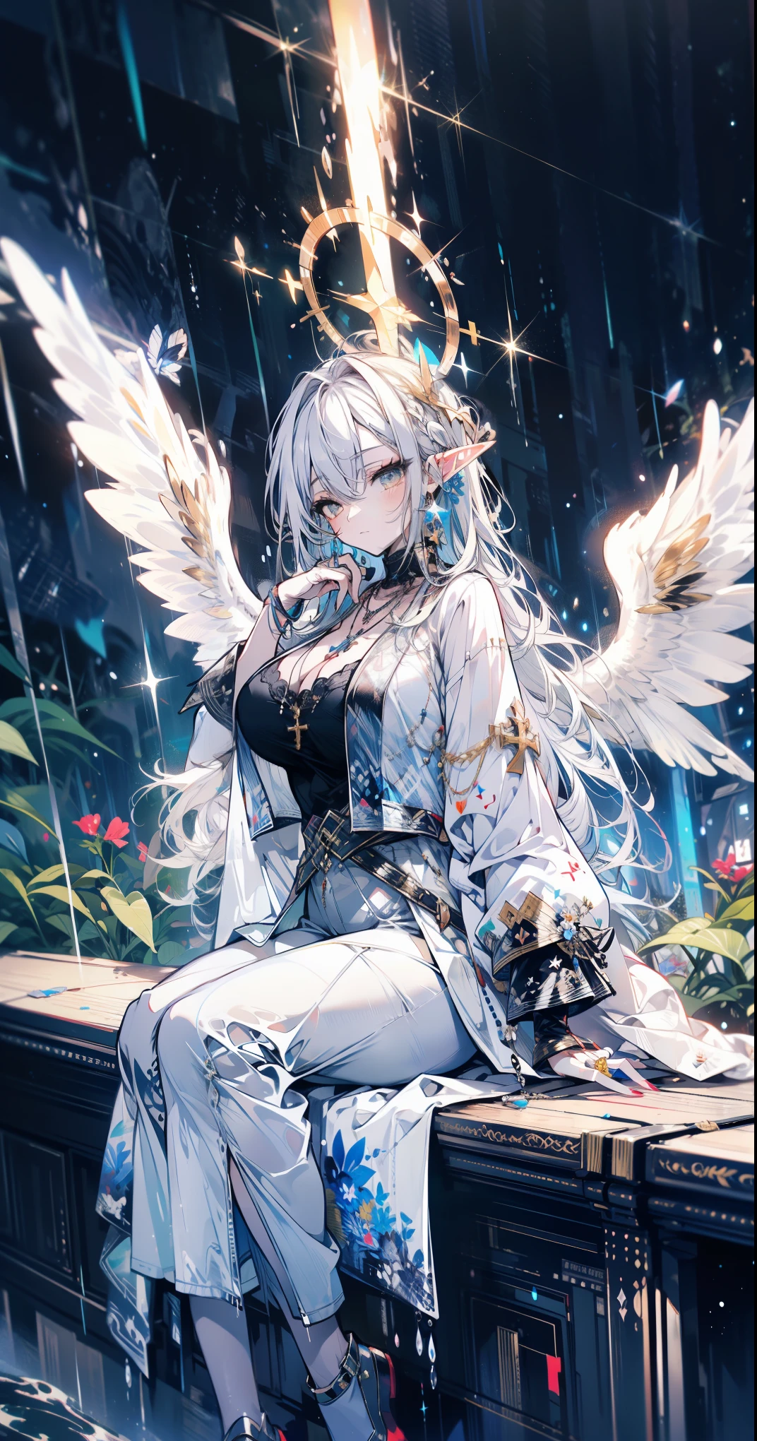 （（（masterpiece）））， （（（best quality））））， official art， Extremely detailed CG unified 8k wallpaper， （（sketch）））， night， rain， beautiful detailed sky， galactic，starry sky background，beautiful and delicate water， Game CG， Huge file size， sketch， Report， angelic， long gray hair， combed blonde hair， wet hair， hair between eyes， hair behind ears， Carefree eyes and white eyelashes， yellow eyes， half closed eyes， footwear， halo， Cross necklace， look down， sitting， Hold the long leather hair， leaf hair accessories， in the forest， lakeside， （（Big breasts）））， （（（ white robe）））， long sleeve dynamo， White eye mask， Elf ears and golden wings are more yellow