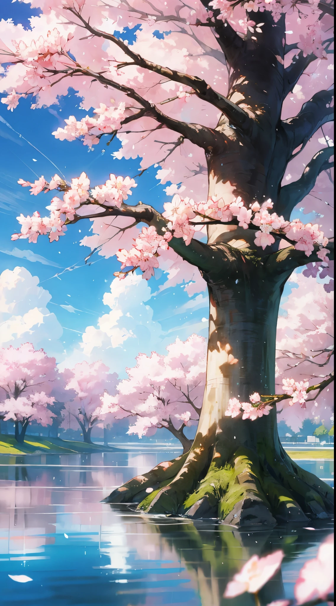 NOhumans、Natural scenery of the Japan、rivulets、Sparkling water surface、Water droplets、The tree、Clear blue sky、Into the cloud、Sunlight、No Man,Cherry blossoms in the foreground