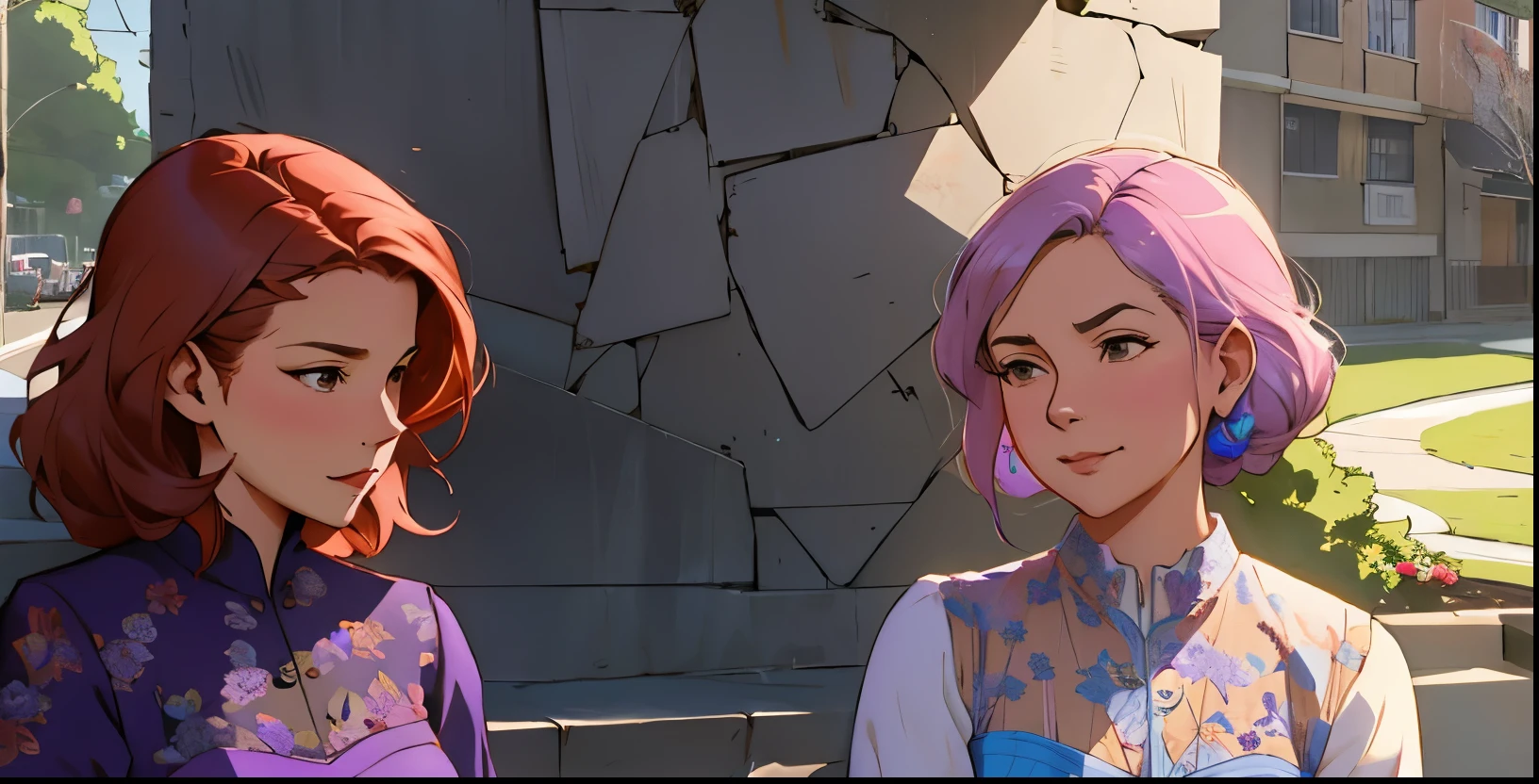 two 54-year-old women in purple dresses standing side by side in front of a building, moebius + Lois + Oh!, Lois and Oh!, artgerm y lois van baarle, Lois and ross tran, cushart krenz arte clave femenino, artgerm y atey ghailan, neoartcore y charlie bowater
