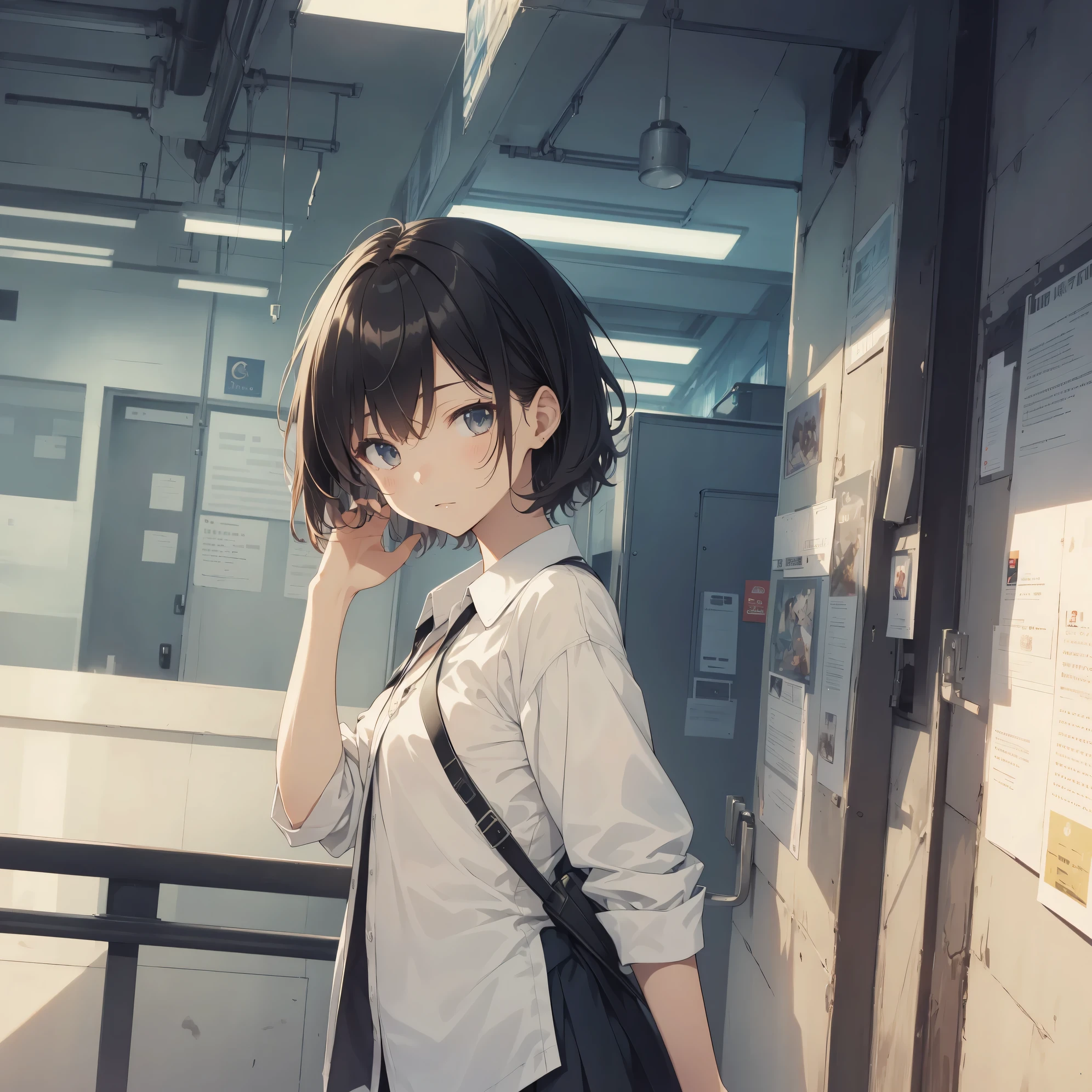 Ultra-highest quality by the art god, super detailed, High resolution, anime moe art style, Best Anime 8K Kona-chan Wallpaper, pixiv contest winner, perfect anatomy, break,(眠そうにalone学校へ行く女の子を描いてください. )break,1 girl, (alone,little woman, , :1.3),All limbs, full finger,, The charm of an immature body, (very short hair), bangs, flat chest, Small Bodysuits, small ass, between legs, small black eyes, detailed and beautiful eyes, Well-proportioned iris and pupils, expressive eyes, High resolutionの詳細な髪, ribbon, neck ribbon, skirt, collared shirt, pleated skirt, school uniform, school bag,(detailed lighting), (detailed background), On the way to school. break,super dense skin, Best lighting by famous artists, 8k, cute illustration,Hmm, rough skin,Absurd Hi-Res