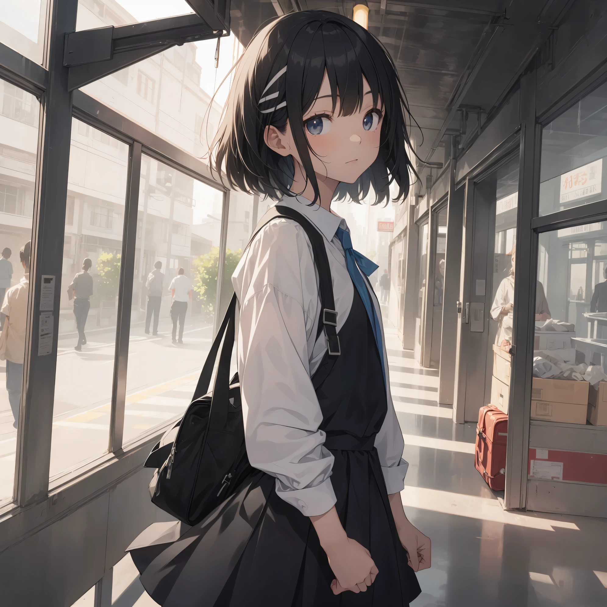 Ultra-highest quality by the art god, super detailed, High resolution, anime moe art style, Best Anime 8K Kona-chan Wallpaper, pixiv contest winner, perfect anatomy, break,(眠そうにalone学校へ行く女の子を描いてください. )break,1 girl, (alone,little woman, , 13 years old:1.3),All limbs, full finger,, The charm of an immature body, (very short hair), bangs, flat chest, Small Bodysuits, small ass, between legs, small black eyes, detailed and beautiful eyes, Well-proportioned iris and pupils, expressive eyes, High resolutionの詳細な髪, ribbon, neck ribbon, skirt, collared shirt, pleated skirt, school uniform, school bag,(detailed lighting), (detailed background), On the way to school. break,super dense skin, Best lighting by famous artists, 8k, cute illustration,Hmm, rough skin,Absurd Hi-Res