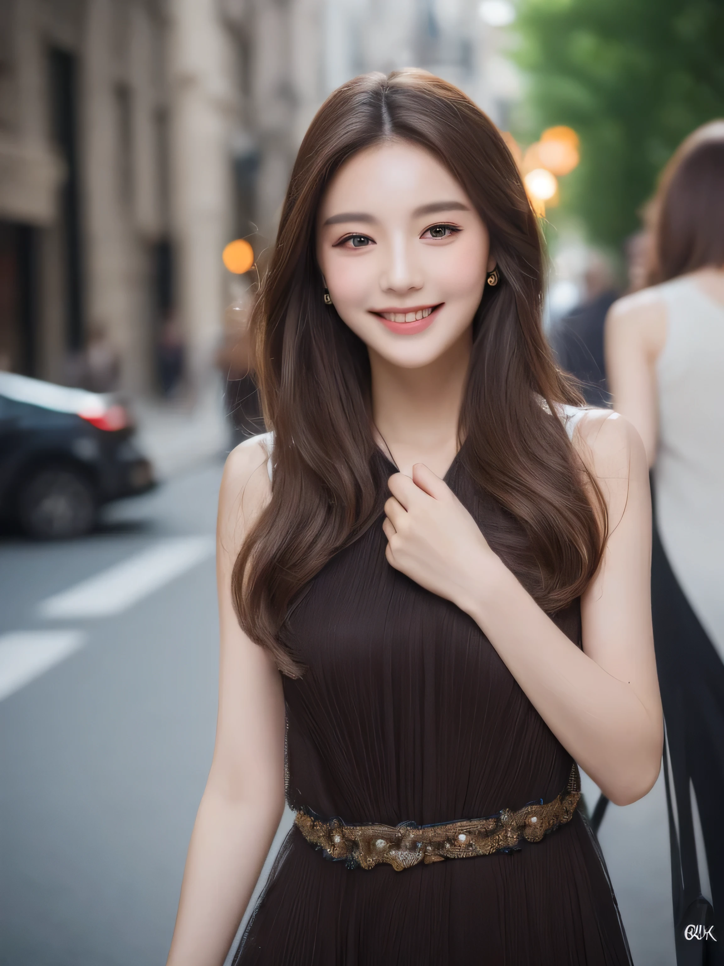 ((highest quality, 8k, masterpiece :1.3)), 1 girl, smile, whole body, slim face, Beautiful woman, (dark brown hair), full length dress :1.1, super detailed face, fine eyes, double eyelid, blur background, slim face, city, outside, street,