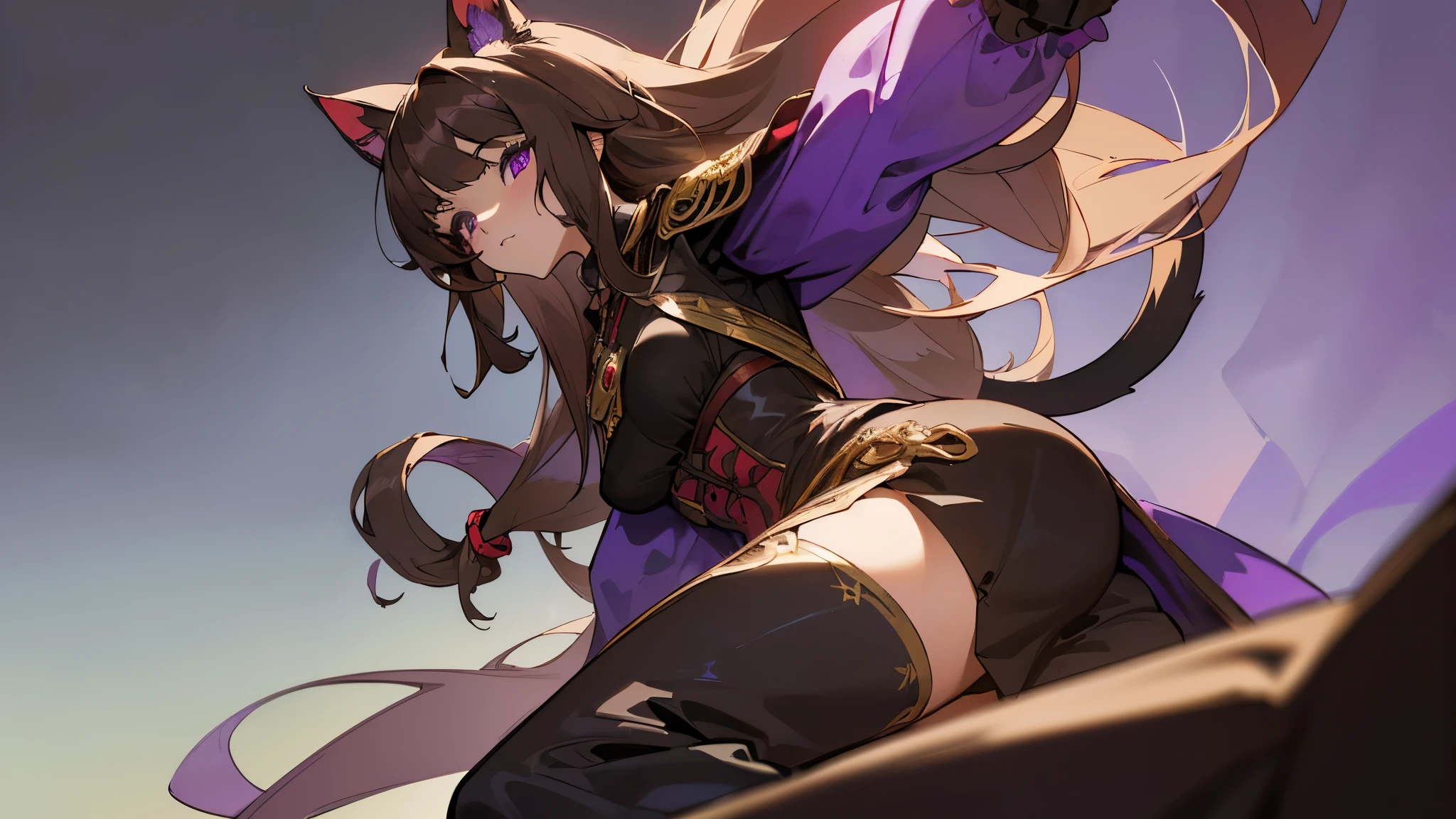 ((Masterpiece)), ((Best Quality)), ((Detailed)), One adult tall catgirl woman who has a purple eyes, black-brown quite long hair. (((Her Fantasy Aristocrat Adventurer's outfit is in colours: Purple, Black, Red))), ((a Proper Black-Brown cat tail)), ((Black-Brown cat ears)), anime port town background