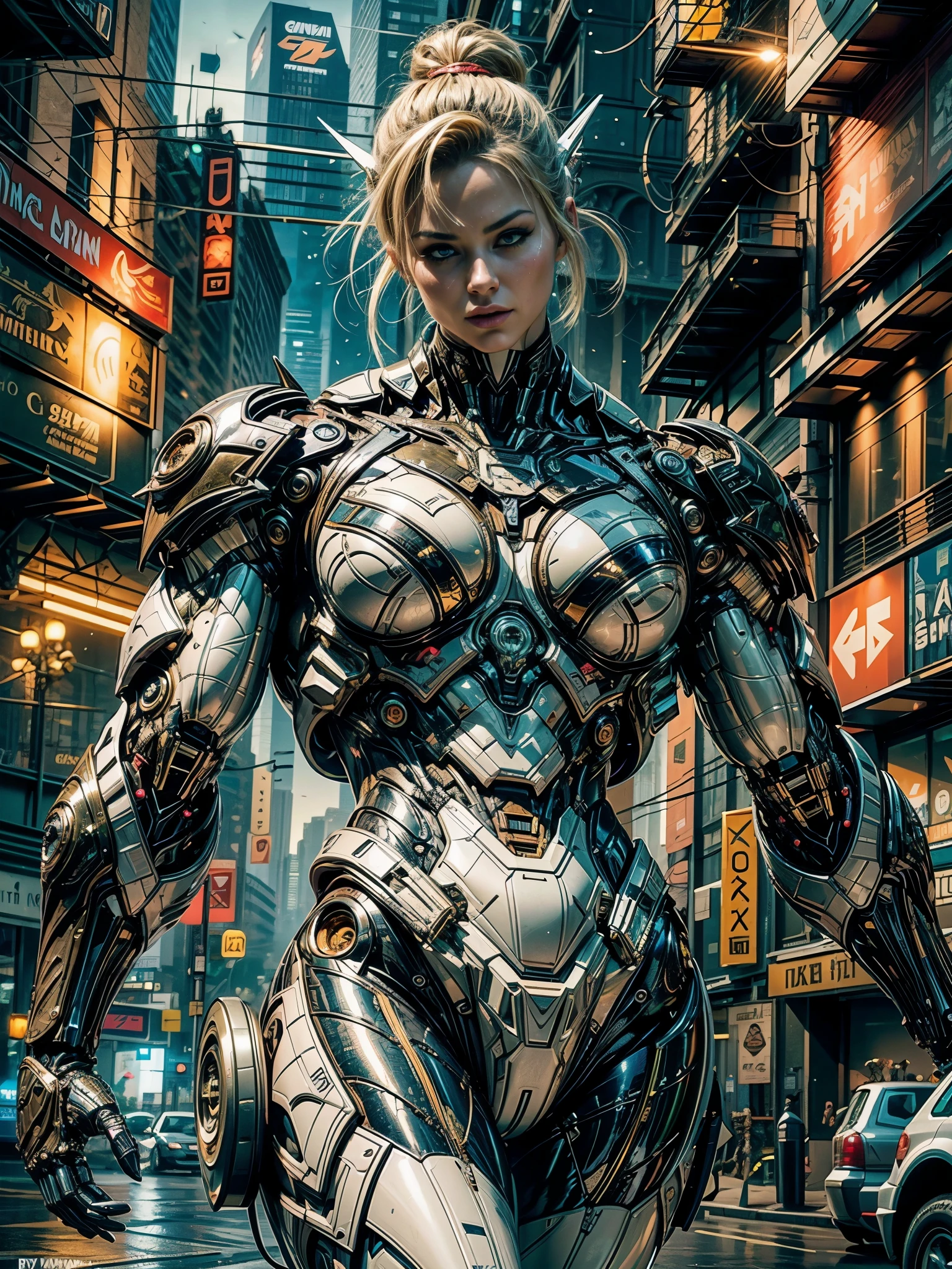 Cinematic, hyper-detailed, and insanely detailed, this artwork captures the essence of a bald hairless muscular female android girl. Beautiful color grading, enhancing the overall cinematic feel. Unreal Engine brings her anatomic cybernetic muscle suit to life, appearing even more mesmerizing. With the use of depth of field (DOF), every detail is focused and accentuated, drawing attention to her eyes and the intricate design of the anatomic cybernetic muscle suit . The image resolution is at its peak, utilizing super-resolution technology to ensure every pixel is perfect. Cinematic lighting enhances her aura, while anti-aliasing techniques like FXAA and TXAA keep the edges smooth and clean. Adding realism to the anatomic cybernetic muscle suit, RTX technology enables ray tracing. Additionally, SSAO (Screen Space Ambient Occlusion) gives depth and realism to the scene, the girl's anatomic cybernetic muscle suit become even more convincing. In the post-processing and post-production stages, tone mapping enhances the colors, creating a captivating visual experience. The integration of CGI (Computer-Generated Imagery) and VFX (Visual Effect brings out the anatomic cybernetic muscle suit's intricate features in a seamless manner. SFX (Sound Effects) complement the visual artistry, immersing the viewer further into this fantastic world. The level of detail is awe-inspiring, with intricate elements meticulously crafted, the artwork hyper maximalist and hyper-realistic. Volumetric effects add depth and dimension, and the photorealism is unparalleled. The image is rendered in 8K resolution, ensuring super-detailed visuals. The volumetric lightning adds a touch of magic, highlighting her beauty and the aura of her anatomic cybernetic muscle suit in an otherworldly way. High Dynamic Range (HDR) technology makes the colors pop, adding richness to the overall composition. Ultimately, this artwork presents an unreal portrayal of a super muscled cybernetic female android