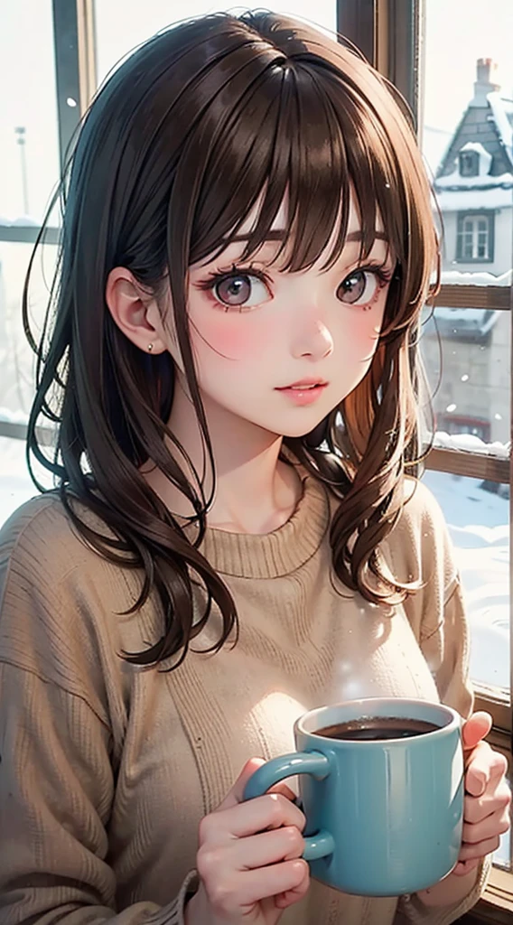 masterpiece,1 girl,light brown hair,brown eyes,snow scene,By the window,take your eyes off, have a mug,soft lighting,magical colors and atmosphere