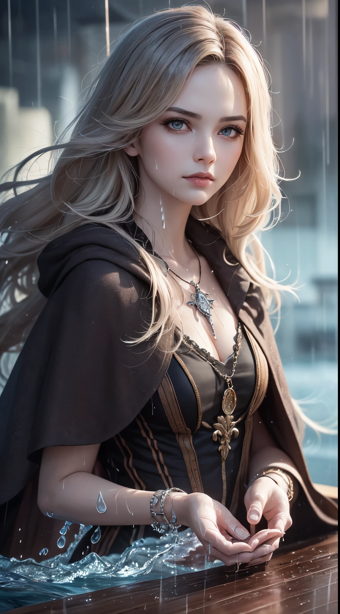 (skin dents:1.5), realistic, realistic, (table top:1.5), concept art, intricate details, very detailed, realistic, octane rendering, 8k, unreal engine, dynamic pose, highest quality, High resolution, (realistic face:1.1), (超realistic:1.1), ((full_body)), perfect eyes,(shiny skin:1.2), (((hairstyle))), (((完璧な手のvery detailed背景), haunted island, ((dynamic background)), ((lightning)), (light), (1 girl), wearing a cloak, (((flowing cloak))), ((fine eyes, high quality eyes, high quality face)), long hair, (((flowing hairstyle))), 1 girl ((Control the water)), (((whirlwind of water))), Ocean, tsunami, magic, (create a dramatic, Depth of the bounds written, Bokeh, 4k, gothic, ((rain)), energy ball between hands