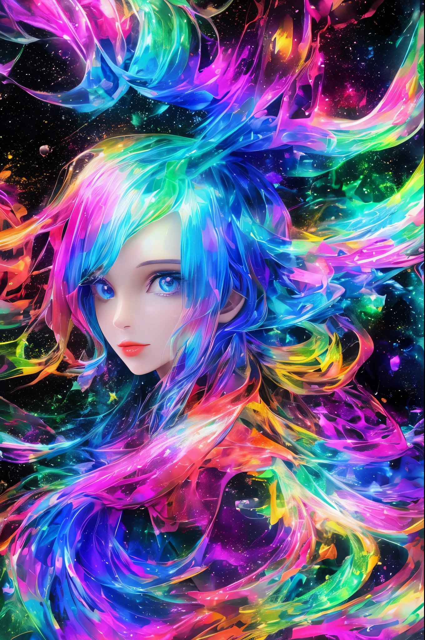 A color painting of a beautiful young woman., mysterious waves at night. 3d. rainbow colors. The melting beauty of the universe. Surrealism in reflections of nebula fragments. glass texture,Translucent,crystal,blister
