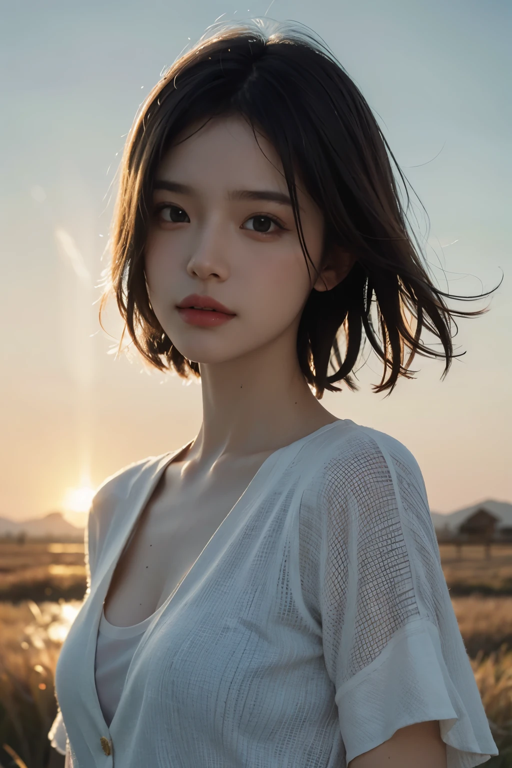 best quality,masterpiece,ultra high resolution,realistic,RAW photos,unity 8k wallpaper, panorama, cinematic lighting,
on the grass, sunset, dappled sunlight, golden hour lights, backlight, blurred background, (lens flare), wind, pastel colors, soft light,
1 woman,floating short hair, sad,upper body,
