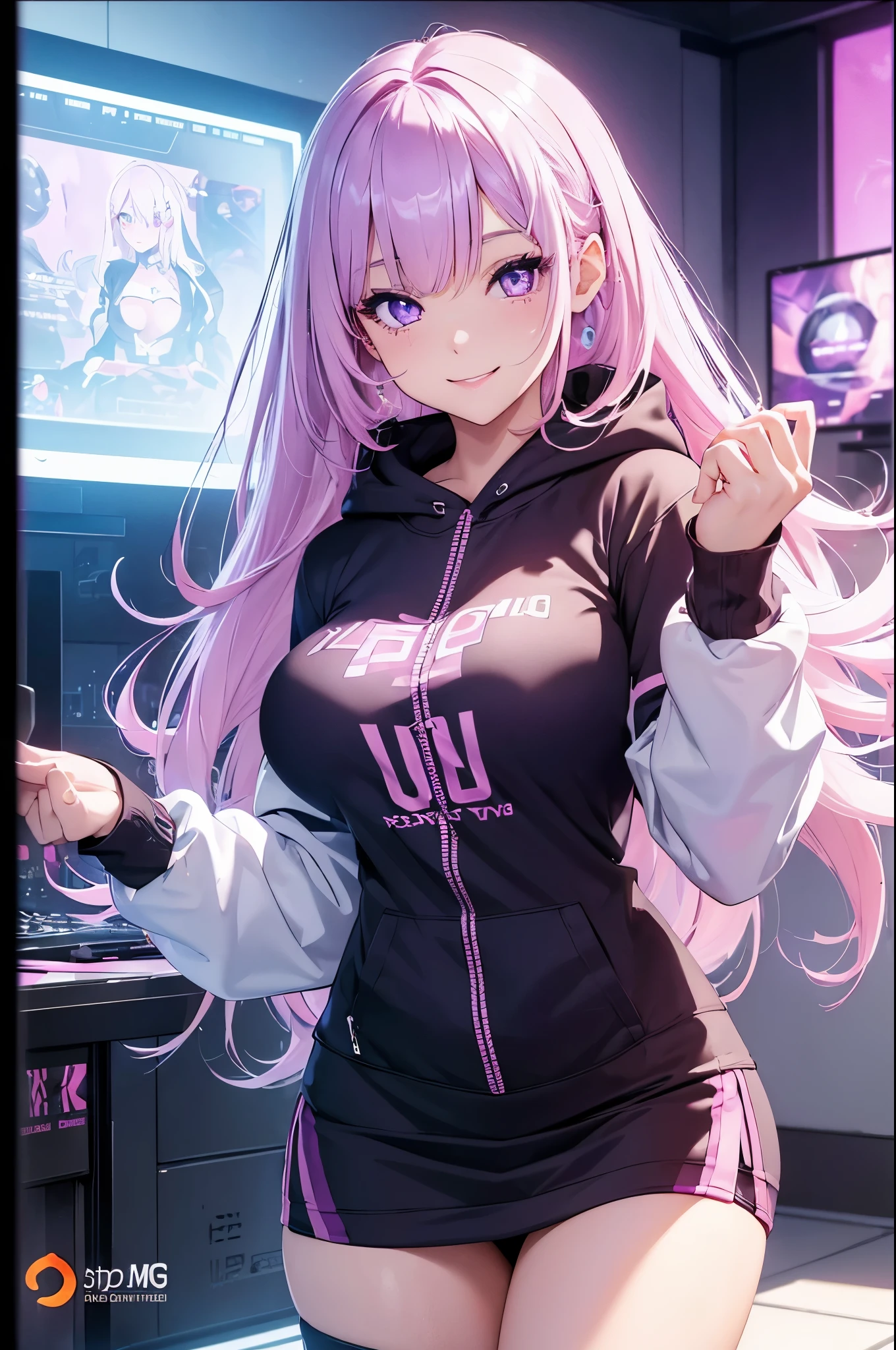 1girl,pink hair,black hoodie