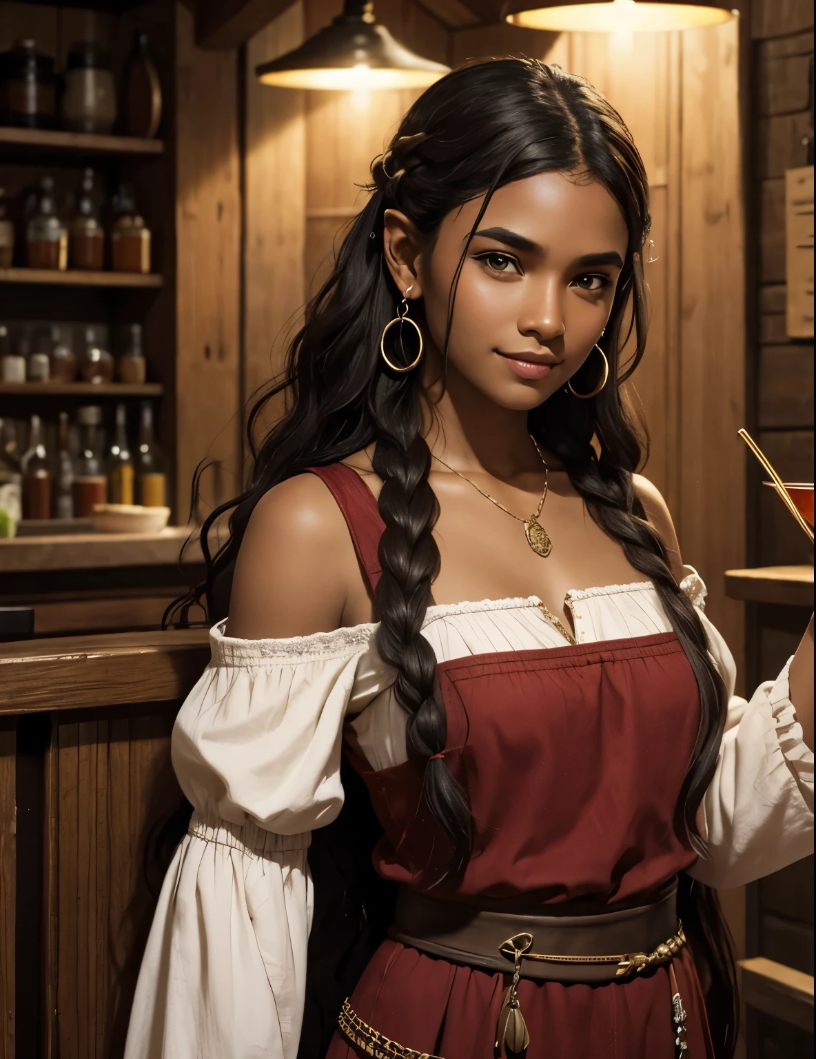 A young human woman around 25 years old, not very pretty and far from ugly, ebony skin, sweaty skin, messy and wavy dark brown hair to her shoulder length, thick eyebrows, brown eyes, small ears with earrings and piercings, beaded necklace, origins in a poor family on the margins of society, works in a tavern as a waiter and sometimes as a dancer, usually wears light medieval-style red clothes, always has a smile on his face despite his tiredness, RPG character in the Lord of the Rings and Dungeons & Dragons style