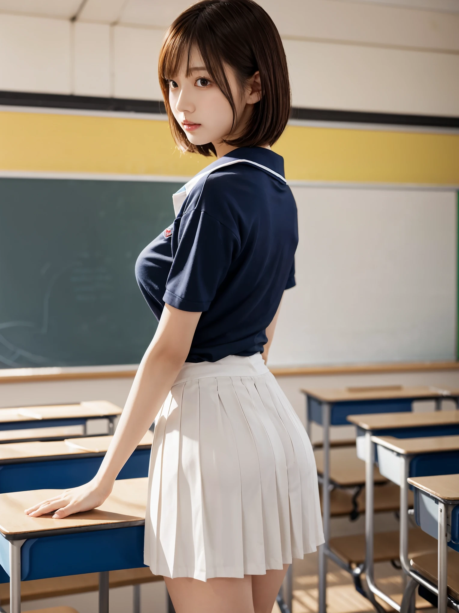 silver short bob hair:1.8, Beautiful woman, profile、(Short Sleeve White Sailor School Unishape、navy pleated skirt:1.5), lift your butt:1.5,bare hands:1.5, very sexy, ultimate image quality, (school classroom:1.5), bright light、Cute face and beautiful butt:1.2, big breasts、constricted waist、beautiful figure、 shape、beautiful skin,