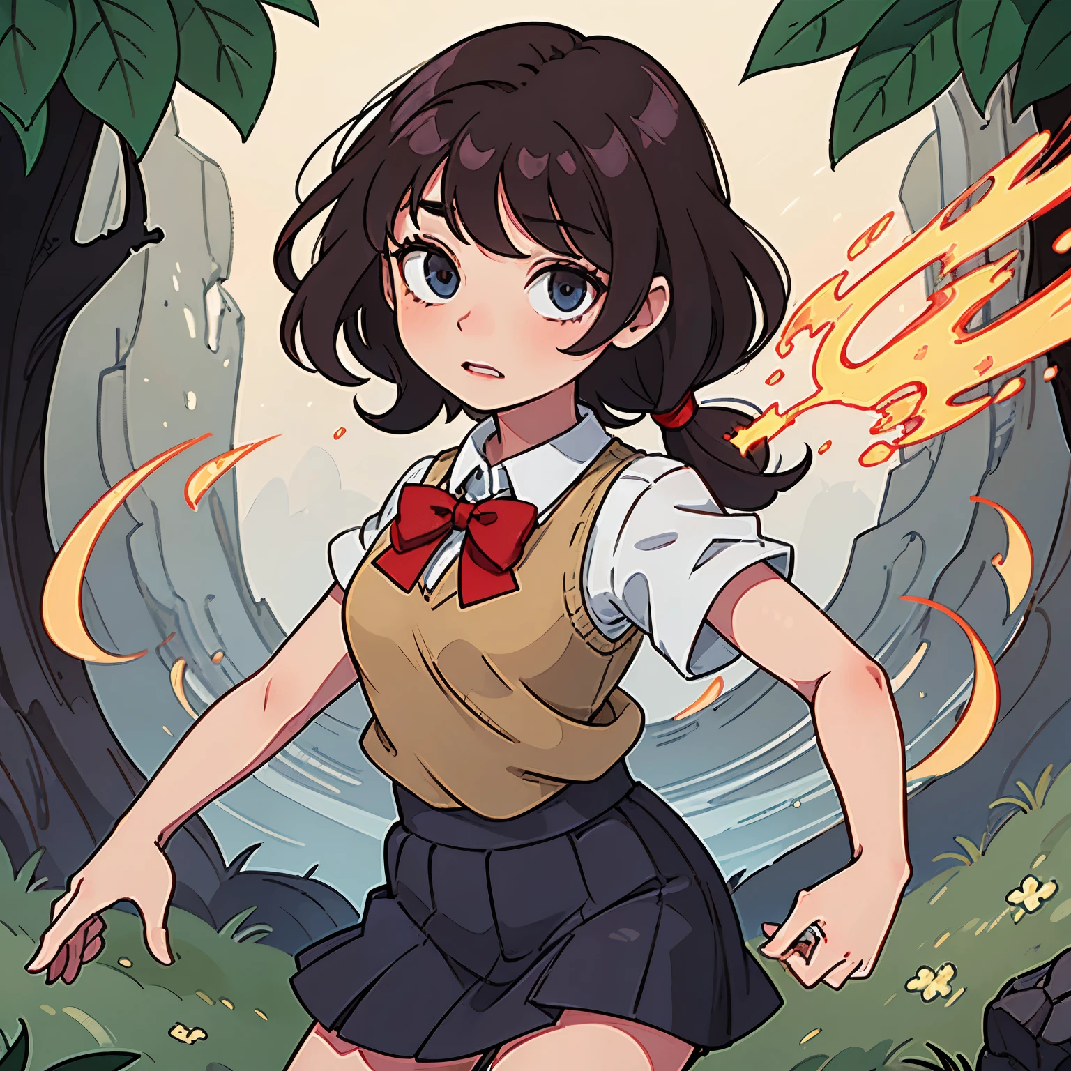 Shoulder-length curly brown hair with natural highlights cascading down her back. Her eyes are a vibrant green, reflecting her inner strength and kindness. Black socks. A white short-sleeved shirt with a red/dark red tie bow, tucked into a navy blue mini skirt with a white stripe going all the way around. Black shoes. A beige sweater vest.
