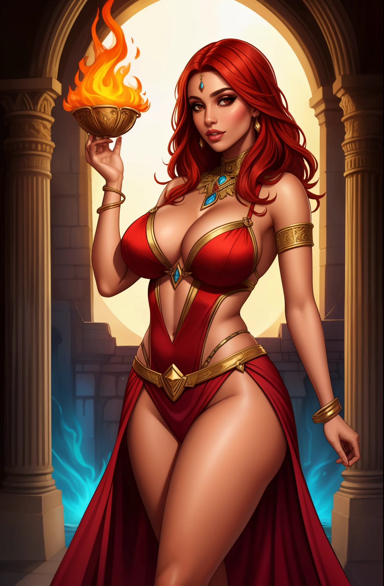 Fantasy Female sorceress, fiery red hair, latina, dark skin