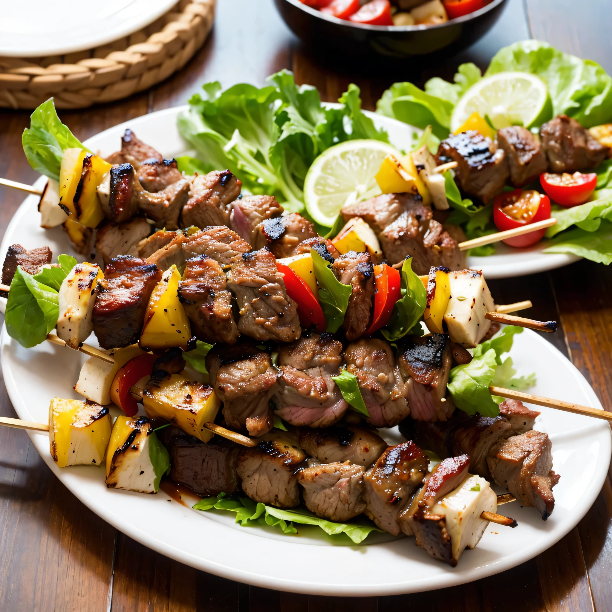 Grilled lamb kebabs on plate, Put lettuce below, Drizzle with sauce
