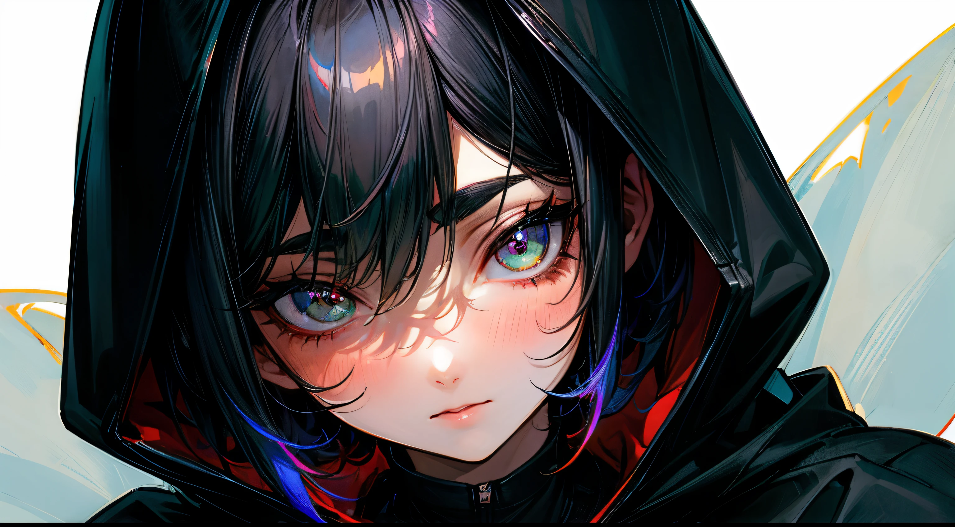 Original Characters、Volume Lighting、Best Shadows、Shallow depth of field、Portrait of an amazingly beautiful girl、Delicate beautiful attractive face with and seductive eyes、Wearing a black hood、parka、traning、Sharp Eyebrows、Black Hair Shortcut Hair、Blush Eyeshadow、Shining eyes、Dark eyelashes、Slim waist、(top-quality、Superb Detail:1.25)、(solo:1.3)、Brilliant Colorful Paintings