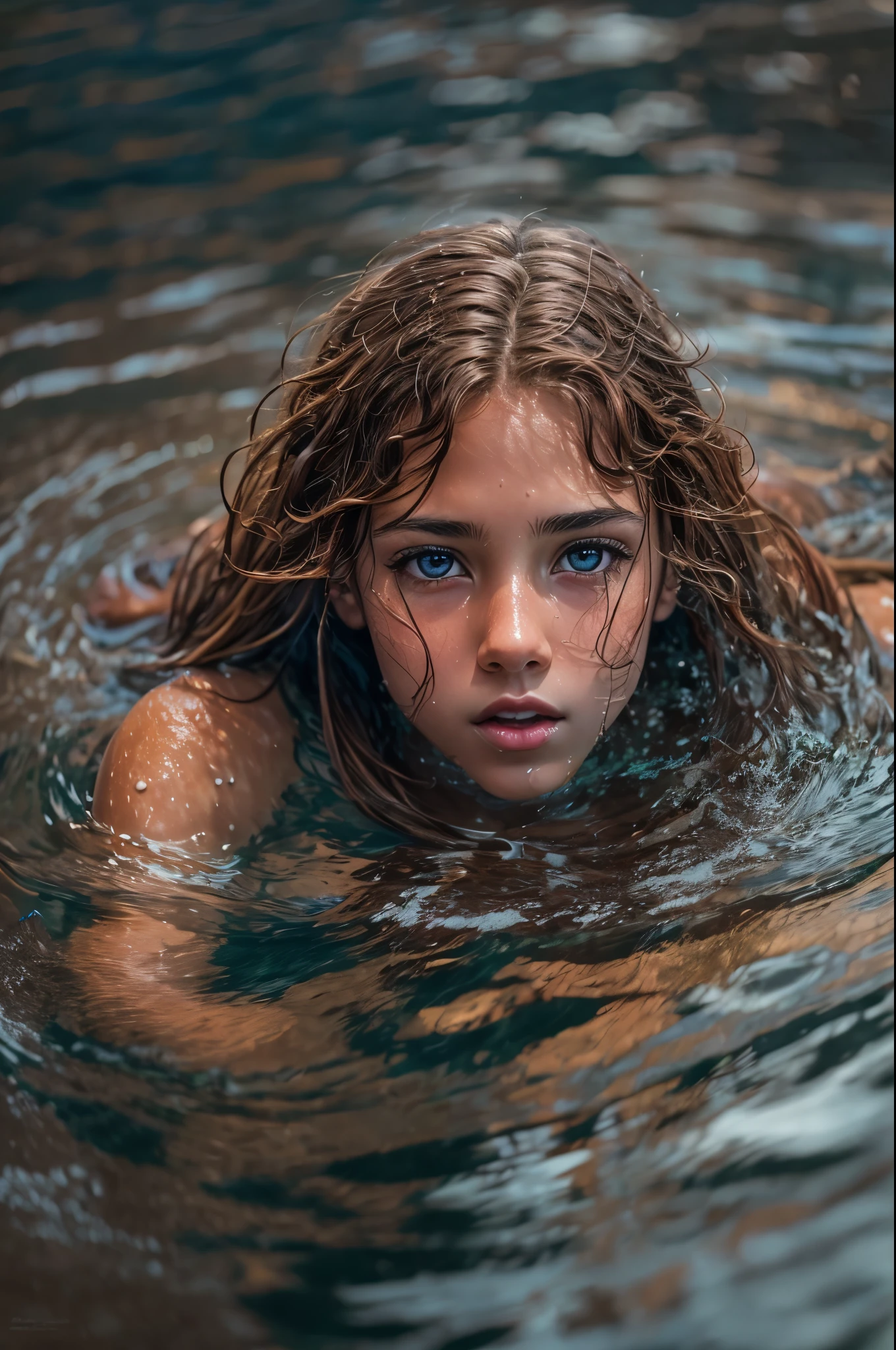 Ultra realistic photography, ultra detailed 8k, sharp photography, wide angle, full body, small French ligh chesnut hair light-brown eyes teenager swimming in the sea, slender body, wet body, very detailed face