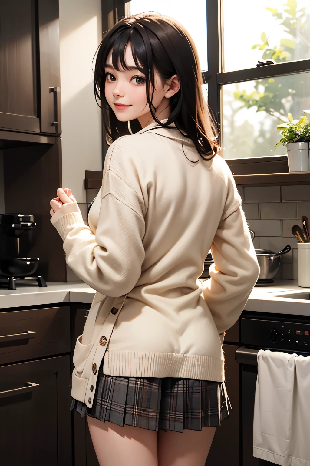 very cute and beautiful girl standing in kitchen,(highly detailed beautiful face),white blouse,(smile:1.2),
cowboy shot,(beige cardigan:1.2) BREAK (looking back,from behind),leaning forward,looking at viewer,
(pleated plaid mini skirt:1.2),from below,(white panties),
black hair,kitchen pot,white tea cups and dishes,seasoning bottles,
(best quality,masterpiece:1.2),absurdres,highres,ultra-detailed,extremely detailed,32k,8k resolution,
intricate details,cinematic scene,detailed background,solo,dynamic angle,perfect hands,