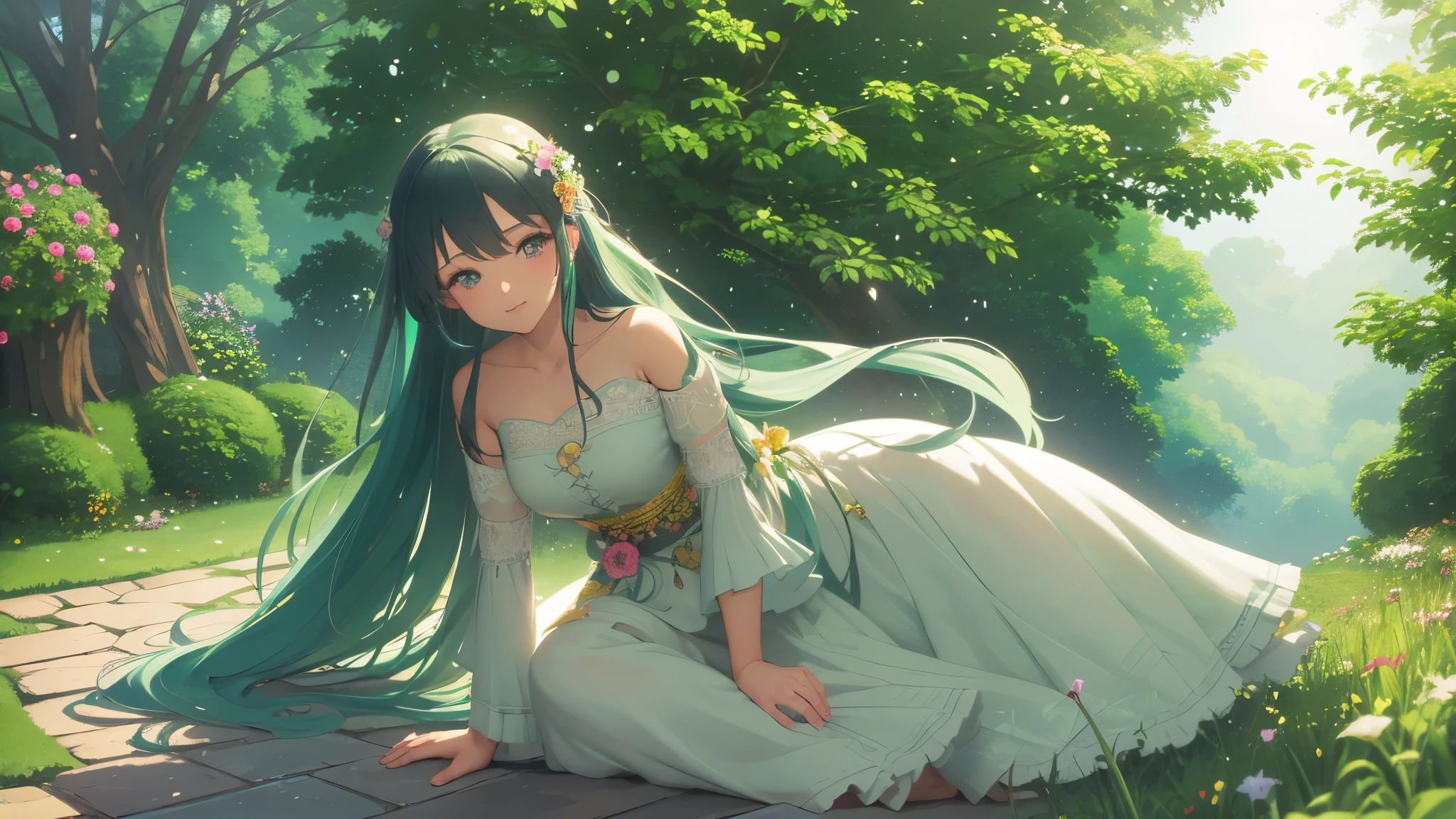 a girl in a colorful garden, vibrant colors, detailed flowers and plants, soft lighting, gentle breeze, ethereal atmosphere, anime style, bright and saturated colors, delicate details on the girl's face and outfit, lush greenery, joyful expression on the girl's face, sparkling eyes, flowing hair, flowing dress, peaceful surroundings, dreamlike ambiance, focus on the girl's beauty, soft and warm tones, high-resolution artwork