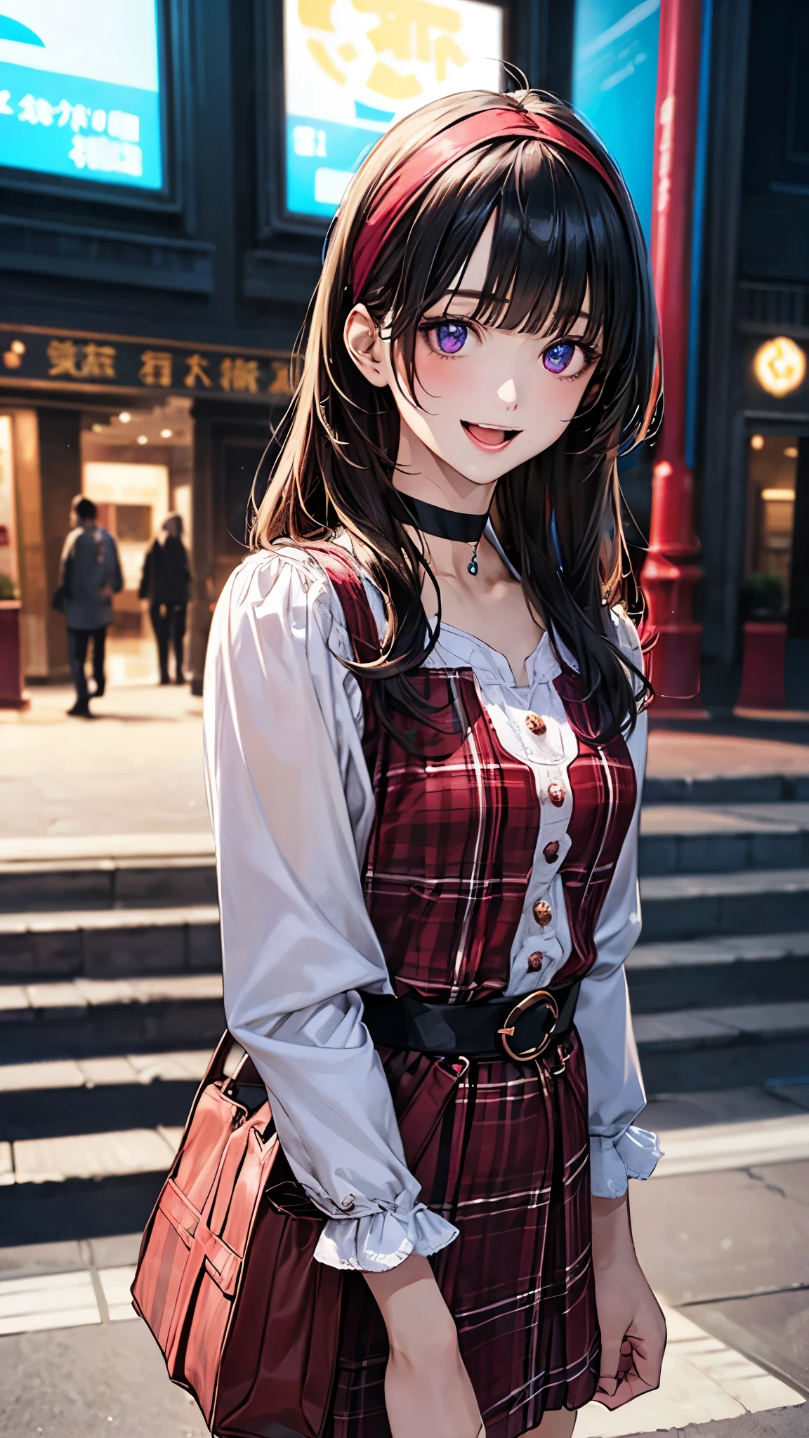 (masterpiece:1.2, top-quality), (realistic, photorealistic:1.4), beautiful illustration, (natural side lighting, movie lighting), depth of fields,
looking at viewer, 1 girl, japanese, high school girl, perfect face, cute and symmetrical face, shiny skin,
(long hair:1.7, straight hair:1.4, black hair, pink headband), blunt bangs, swept bang, purple eyes, long eye lasher, (medium breasts), slender
beautiful hair, beautiful face, beautiful detailed eyes, beautiful clavicle, beautiful body, beautiful chest, beautiful thigh, beautiful legs, beautiful fingers,
((long sleeves white puff sleeve blouse, dark red headband, dark red tartan check v-neck one-piece, black choker)), black hand bag,
(beautiful scenery), evening, (outside movie theater), walking, (lovely smile, upper eyes, open mouth small),