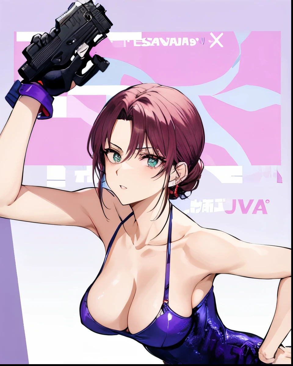 uma mulher com uma blusa roxa segurando uma arma e usando luvas, girl with gun in hands, glamorosa Jill Valentine, protagonista feminina 👀 :8, Gun in hand, a pistol in hand, segurando uma arma, Yayoi Kasuma, Lagoa Negra Revy, revy da lagoa negra, personagem feminina de anime, female action anime girl, fujita goro!, inspirado em Ayami Kojima, Kusanagi, protagonista feminina, pose de tiro, fanart de alta qualidade