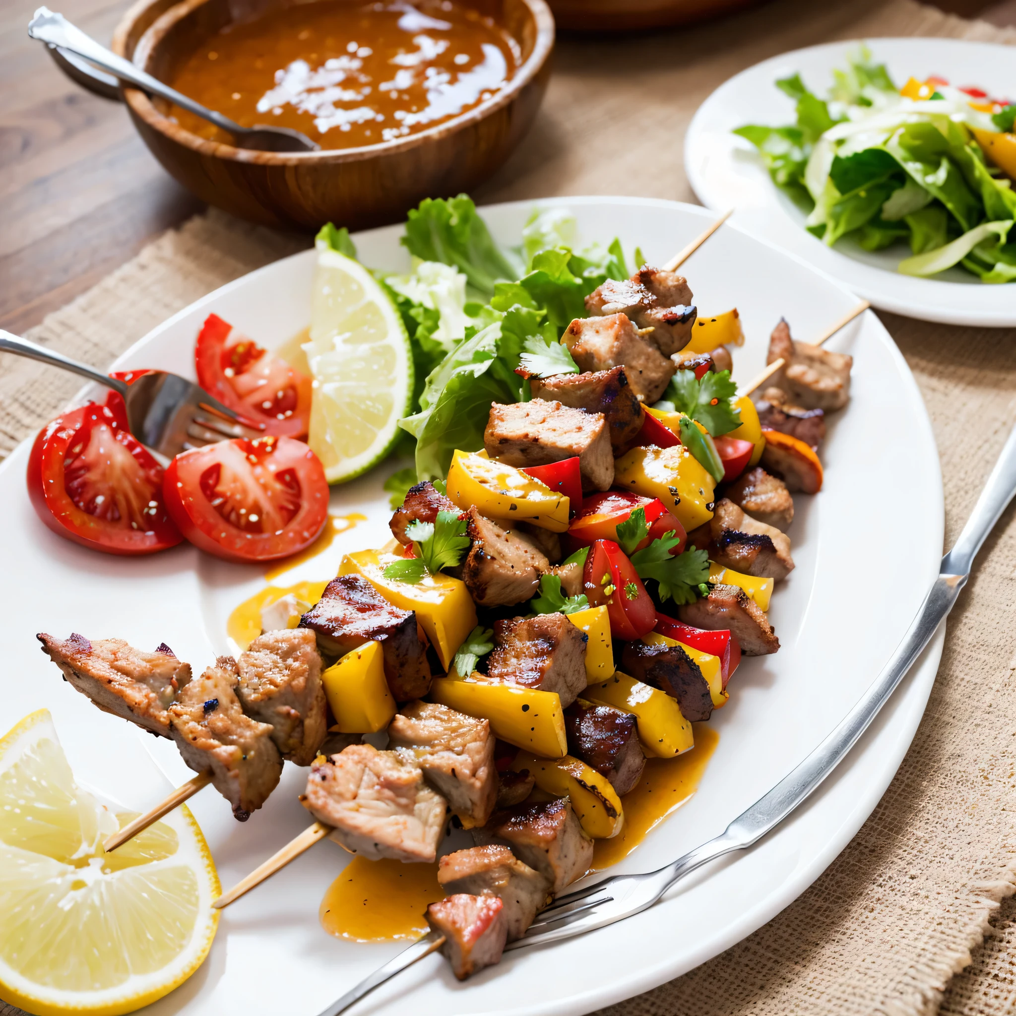 Kebabs on the plate, Put lettuce below, Pour sauce over skewers, Meat skewers neatly arranged on the plate