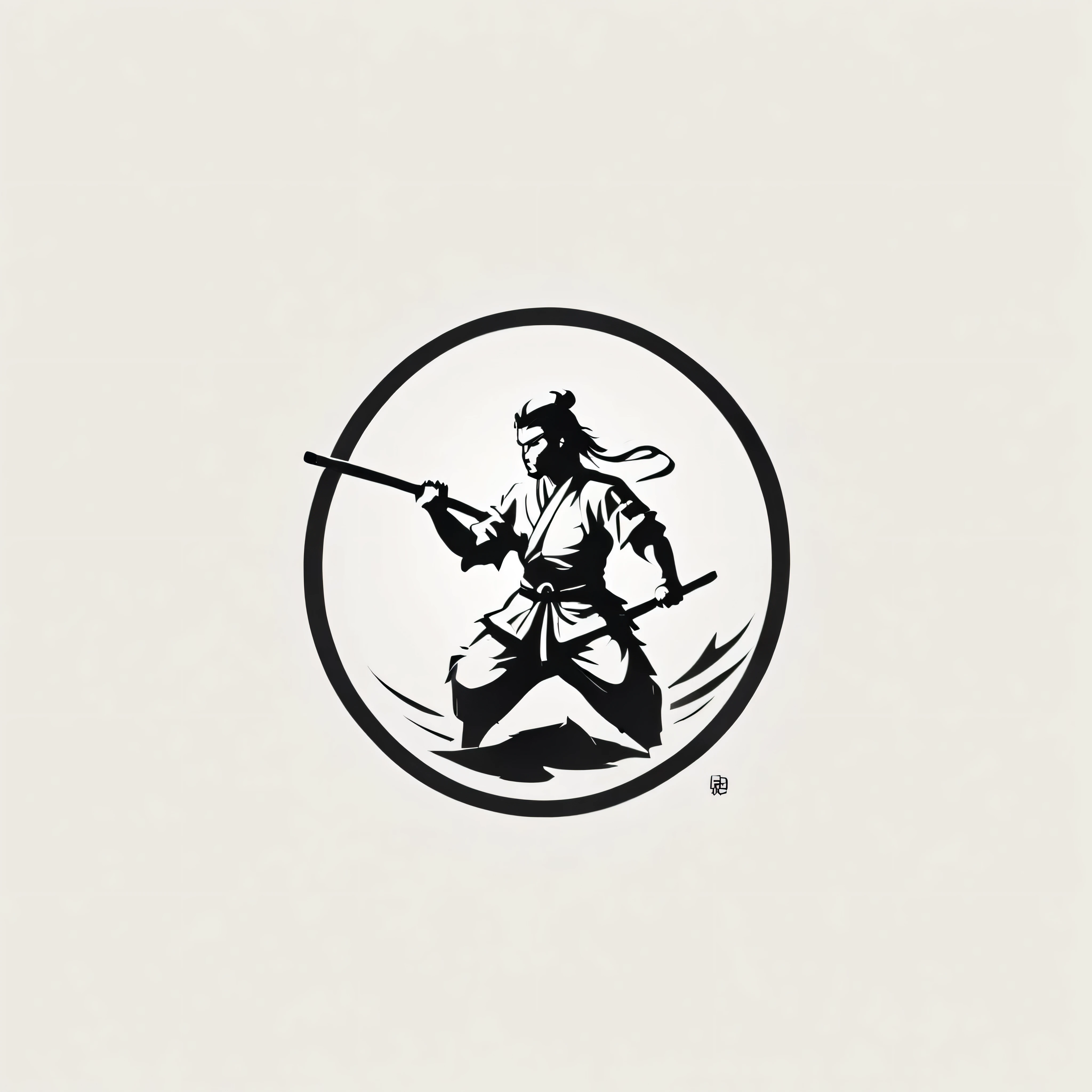 Design a sleek and modern logo for a martial arts company, incorporating a minimalist depiction of a samurai. The logo should convey strength, discipline, and tradition, while maintaining a clean and simple aesthetic. Focus on using black and white colors to ensure versatility and timelessness. Emphasize sharp lines and subtle details to create a striking and memorable design. logo, A logo for a martial arts company, samurai, warrior collors (black, white,) LogoRedAF, simple design, clean look