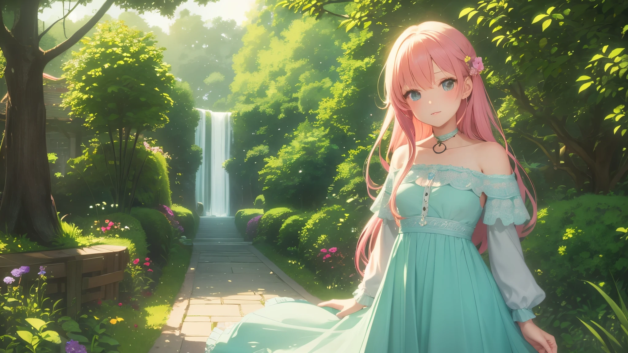 pussy ,a girl in a colorful garden, vibrant colors, detailed flowers and plants, soft lighting, gentle breeze, ethereal atmosphere, anime style, bright and saturated colors, delicate details on the girl's face and outfit, lush greenery, joyful expression on the girl's face, sparkling eyes, flowing hair, flowing dress, peaceful surroundings, dreamlike ambiance, focus on the girl's beauty, soft and warm tones, high-resolution artwork