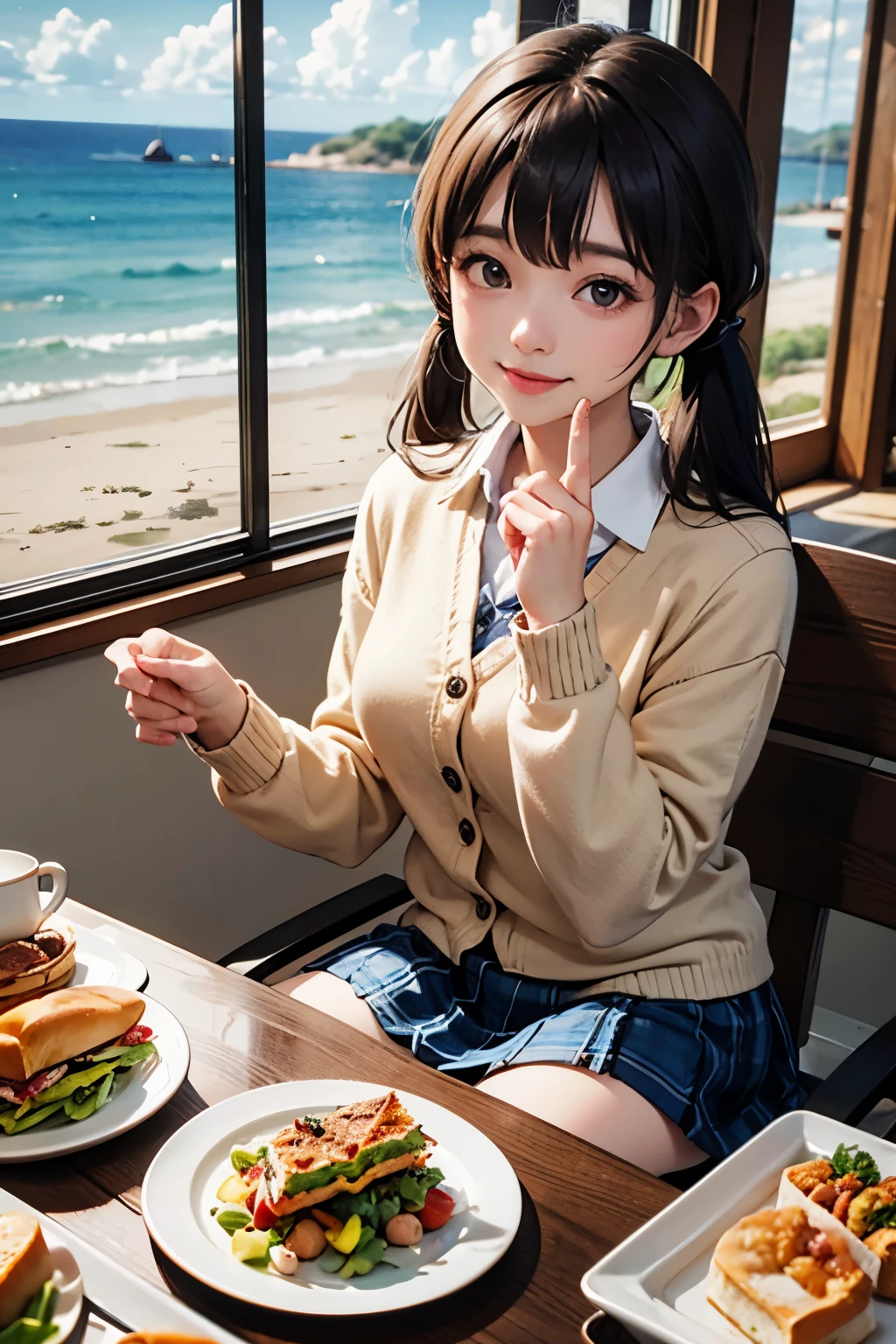 very cute and beautiful girl sitting on chair of cafe,(highly detailed beautiful face),
white blouse,(smile:1.2),happy,(beige cardigan:1.2) BREAK zettai ryouiki,low twintails,black hair,
(blue plaid mini skirt:1.2),(cups of tea),(sandwiches on plate),(salad in bowl),window,ocean view,
(best quality,masterpiece:1.2),absurdres,highres,ultra-detailed,extremely detailed,32k,8k resolution,
intricate details,cinematic scene,detailed background,solo,dynamic angle,