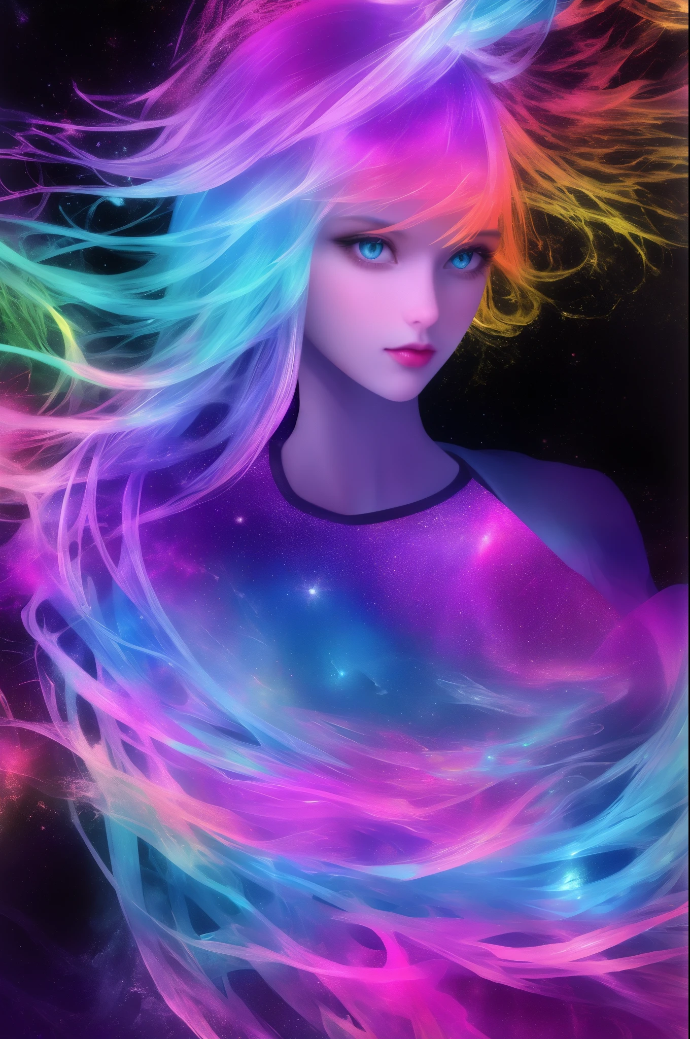 A color painting of a beautiful young woman., mysterious waves at night. 3d. rainbow colors. The melting beauty of the universe. Surrealism in Nebula Reflections. glass texture，Translucent，crystal