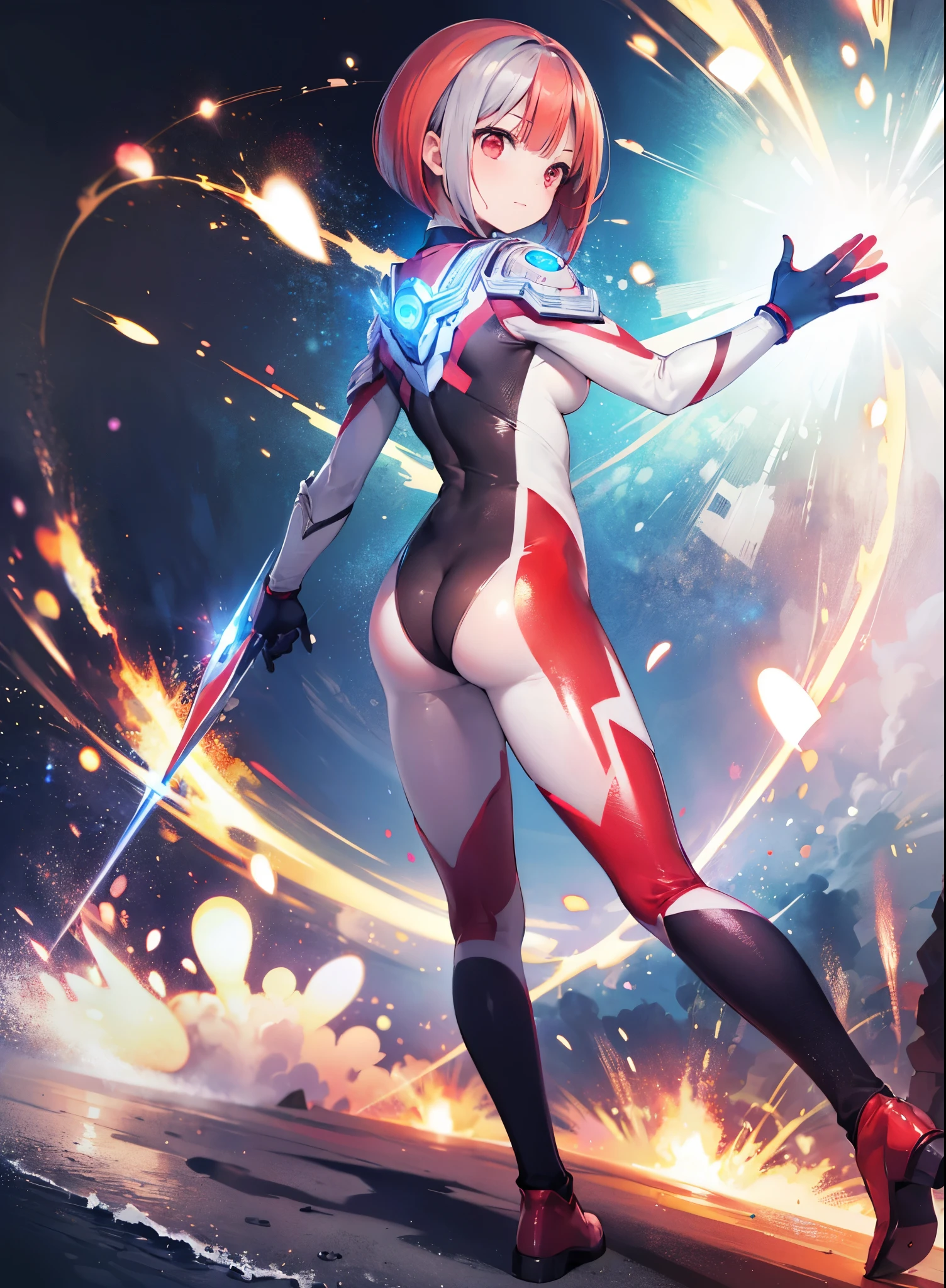 Close-up,highest quality, ultra detail, High quality CG drawing, The most delicate and beautiful, Floating gently, High resolution, (1 girl), (Highest image quality,4K,8K,masterpiece:1.2),(all red hair:1.5),(short bob:1.5),bangs bangs,(red eyes:1.5), (ultra girl :1.0), (silver and red ultraman bodysuit:1.4),slightly bigger breasts,(Turn your back to your audience:1.3),butt