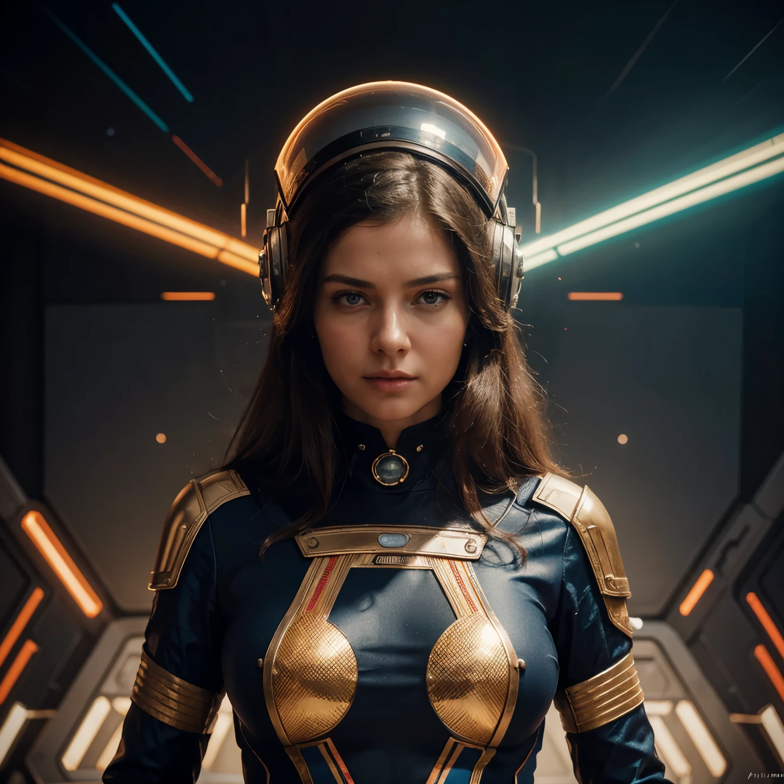 there is a painting of a woman with a helmet on, stephen hickman, synthwave art style ]!!, cinemascope panorama, atompunk, epically luminous image, pioneering aesthetic, spelljammer, futuristic france, juan gimenez, trending on artstaion, by Julian Allen, 7 0 s palette, maximalism. stunning, from a 2 0 1 9 sci fi 8 k movie  