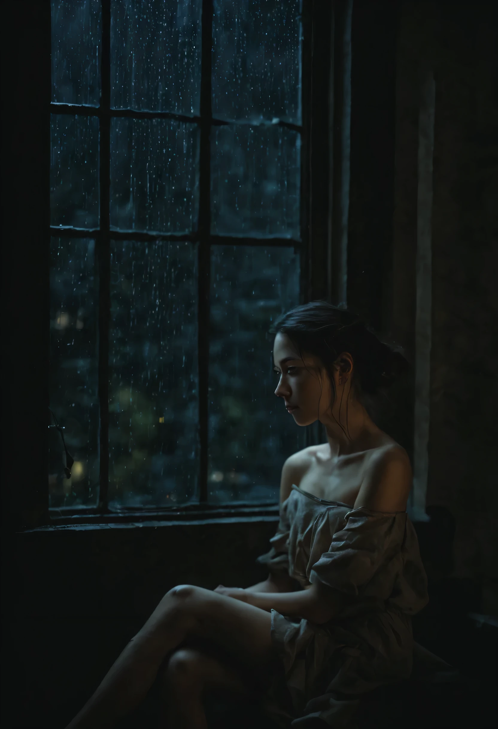 (masterpiece), (best quality), photography, 1girl, sitting, bare shoulder, window, rainy night, low key, dark, art, at night, soft light,