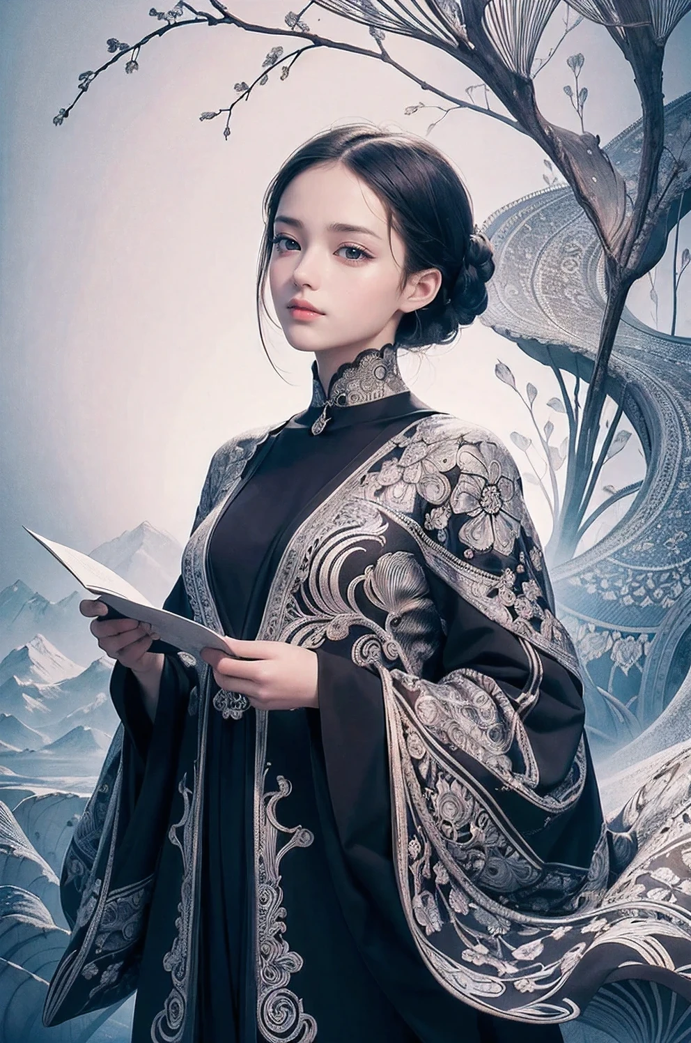 (masterpiece, top quality, best quality, official art, Beautiful and beautiful:1.2),cover art,illustration minimalism,zentangle tempting (ginkgo:1.1),smooth,covered in posters,complex,Abstract,monochrome,pattern,Meditative,Very detailed,