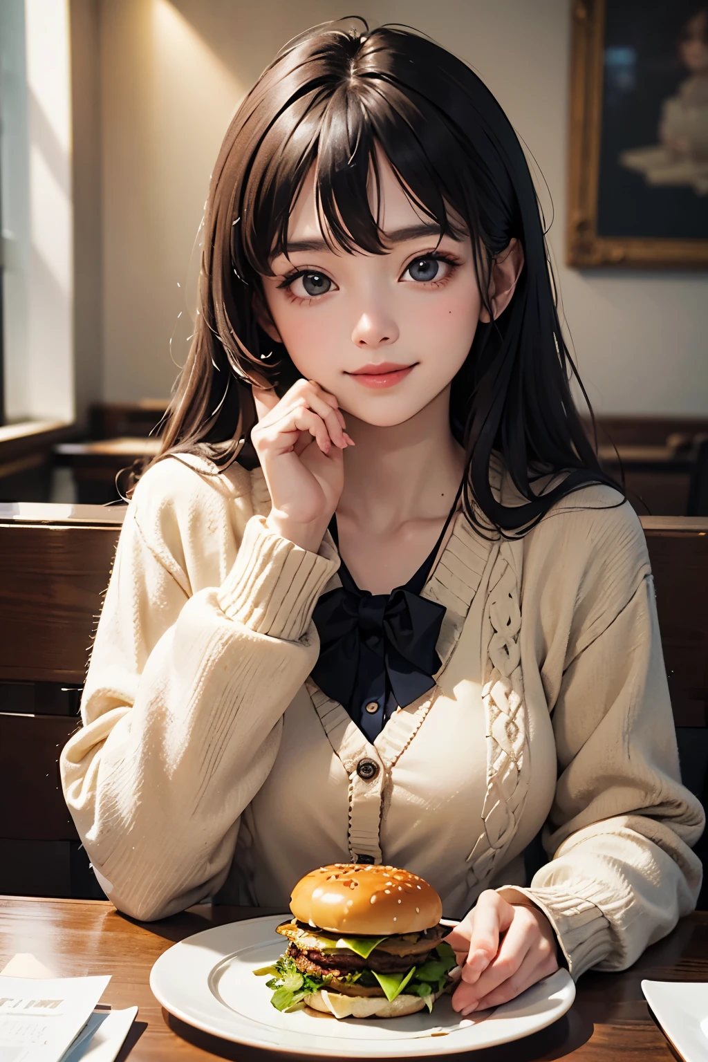 very cute and beautiful girl sitting in restaurant,(highly detailed beautiful face),
white blouse,(smile:1.2),happy,(beige cardigan:1.2) BREAK dynamic angle,hair ornament,black hair,pleated black mini skirt,
tea cups,(hamburgers on plate),distant some persons at table,depth of field,
(best quality,masterpiece:1.2),absurdres,highres,ultra-detailed,extremely detailed,32k,8k resolution,
intricate details,cinematic scene,detailed background,solo,dynamic angle,