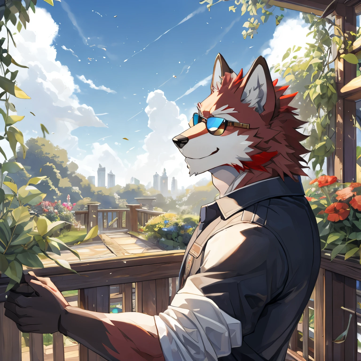 (best quality),red eyes,hairy,alone,light white fur,red fur,Smooth fur,Profile picture,Smile,Humanity (Wolf),male,alone,one person,whole body,Tall and skinny,one person,white shirt,black jeans,A pair of sunglasses hanging above the eyes,Lift up the sunglasses with one hand,garden,Beside the wooden fence,sharp focus,dynamic poses,motion blur,best shadow,(masterpiece:1.2),animation art