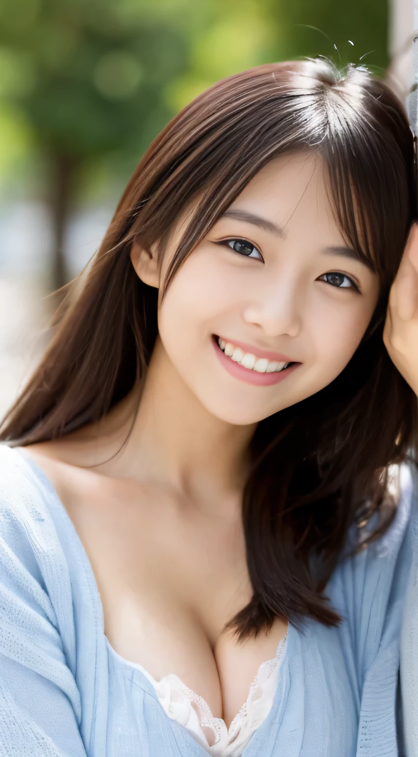 Japanese ),((beautiful girl)),cleavage,An expression that imagines something pleasant:1.2,(perfect body beauty:1.2),((perfect body)),(shy smile),beautiful teeth,