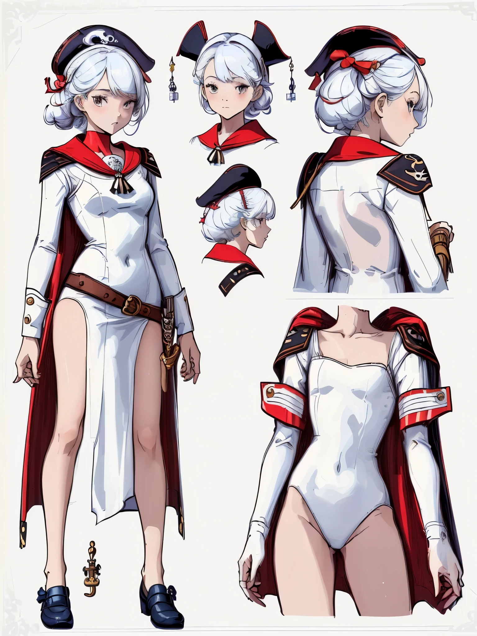 ((masterpiece)),(((best quality))),(character design sheet, same character, front, side, back),(CharacterSheet:1), (three view drawing), (multiple views, full body, upper body, reference sheet:1.2), (simple background, white background), (simple background, white background), ,pirates girl, sailor, pirates uniform, wearing blind fold, holding sword, old style dress, pirates cap