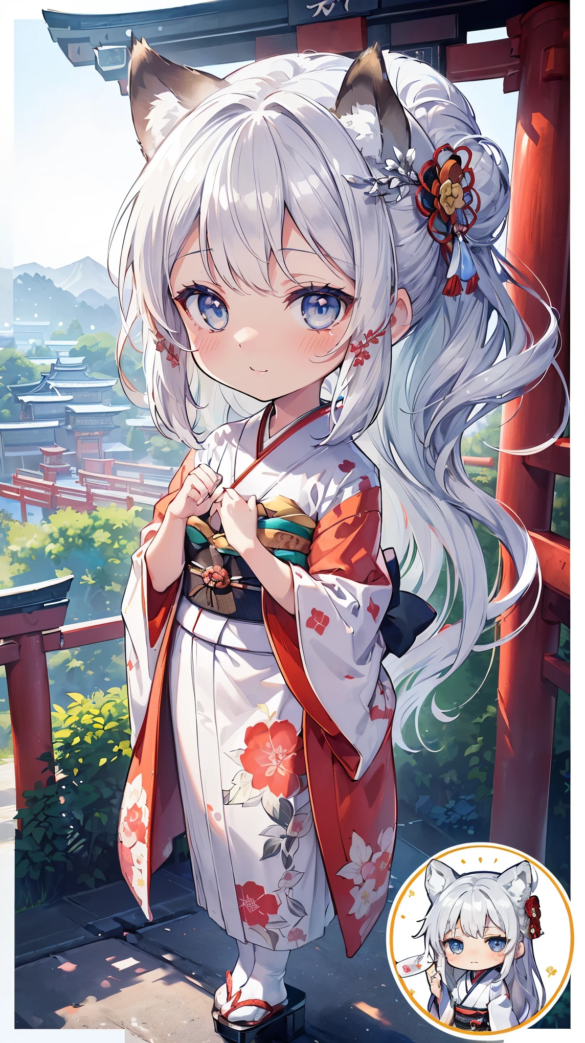 (((Masterpiece))), (((Highest quality))), ((Ultra-detailed)), ((Super fine illustration)), ((Ultra-fine painting)), (16K highest quality wallpaper:1.4), (Chibi:2.0), (Full body:1.6), HDR, (Highly detailed and delicate illustration style:1.8), Detailed skin texture, Detailed cloth texture, Extreme detailed description, (T-masterpiece), (Highly detailed face:1.2), (Highly detailed silver fox ears:1.2), (Highly detailed shiny silver half updo:1.2), (Highly detailed clear eyes:1.2), Original, RAW photo, Professional, Intricate details, Super details, Direct light:1.6, (Perfect anatomy:1.4), (Highly detailed hands:1.2), (Highly detailed fingers:1.2), (Highly detailed fingertips:1.2), (16-years-old), Real, (Solo:1.8), ((A very beautiful and cute silver fox girl who is an idol and wears a bright red long-sleeved kimono with a floral pattern:1.4)) BRAKE (Beautiful and adorable silver fox ears:1.8), (Highly detailed and delicate silver fox ears:1.4), (Beautiful and shiny silver half updo:1.6), (Highly detailed and delicate silver half updo:1.2), (Beautiful clear blue eyes that shine with great detail:1.6), (Highly detailed and delicate blue eyes:1.2), (Highly detailed face:1.4), (Smile:1.3), (Blush:1.4), (Looking at viewer:1.4), (Celebration:1.4) BRAKE (Bright red long-sleeved kimono with floral pattern:1.4), (Japanese traditional costume:1.2) BRAKE (Concept art:1.2), (Detailed fantasy art:1.2) BRAKE (Just after noon:1.4), (Very detailed and beautiful Ise Grand Shrine in Mie Prefecture just after noon in the background:1.6), (Standing in front of the torii gate:1.4), (Celebration:1.4), Ise Grand Shrine:1.4, Torii gate of Ise Shrine:1.4, Very beautiful in the sunny sky background just after noon:1.4 BRAKE