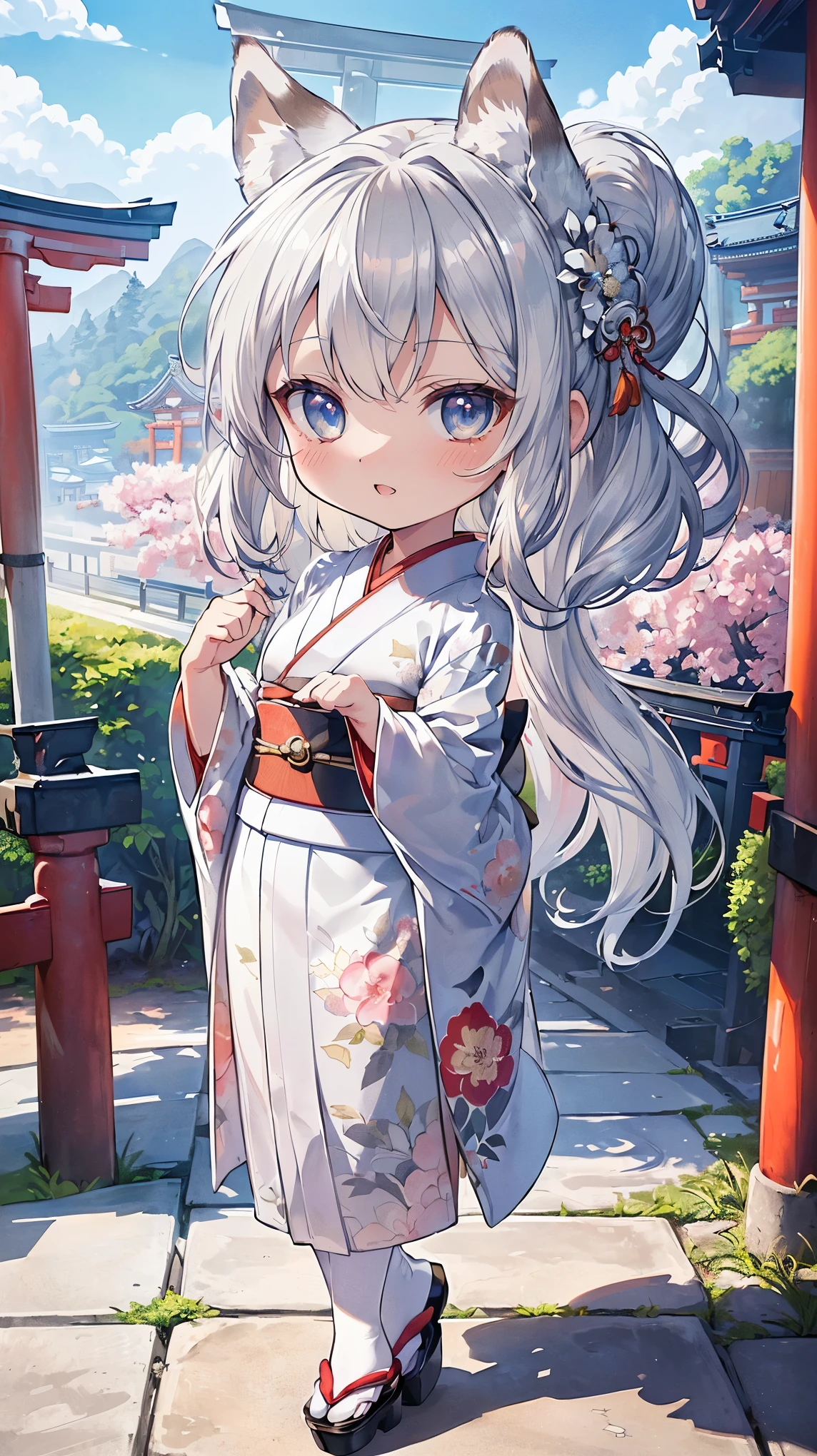 (((Masterpiece))), (((Highest quality))), ((Ultra-detailed)), ((Super fine illustration)), ((Ultra-fine painting)), (16K highest quality wallpaper:1.4), (Chibi:2.0), (Full body:1.6), HDR, (Highly detailed and delicate illustration style:1.8), Detailed skin texture, Detailed cloth texture, Extreme detailed description, (T-masterpiece), (Highly detailed face:1.2), (Highly detailed silver fox ears:1.2), (Highly detailed shiny silver half updo:1.2), (Highly detailed clear eyes:1.2), Original, RAW photo, Professional, Intricate details, Super details, Direct light:1.6, (Perfect anatomy:1.4), (Highly detailed hands:1.2), (Highly detailed fingers:1.2), (Highly detailed fingertips:1.2), (-yeld), R, (Solo:1.8), ((A very beautiful and cute silver fox girl who is an idol and wears a bright red long-sleeved kimono with a floral pattern:1.4)) BRAKE (Beautiful and adorable silver fox ears:1.8), (Highly detailed and delicate silver fox ears:1.4), (Beautiful and shiny silver half updo:1.6), (Highly detailed and delicate silver half updo:1.2), (Beautiful clear blue eyes that shine with great detail:1.6), (Highly detailed and delicate blue eyes:1.2), (Highly detailed face:1.4), (Smile:1.3), (Blush:1.4), (Looking at viewer:1.4), (Celebration:1.4) BRAKE (Bright red long-sleeved kimono with floral pattern:1.4), (Japanese traditional costume:1.2) BRAKE (Concept art:1.2), (Detailed fantasy art:1.2) BRAKE (Just after noon:1.4), (Very detailed and beautiful Ise Grand Shrine in Mie Prefecture just after noon in the background:1.6), (Standing in front of the torii gate:1.4), (Celebration:1.4), Ise Grand Shrine:1.4, Torii gate of Ise Shrine:1.4, Very beautiful in the sunny sky background just after noon:1.4 BRAKE