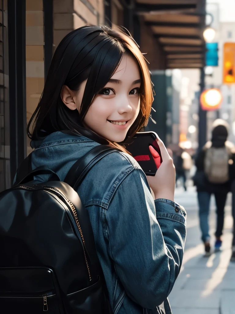 A girl that cover her smile with her phone, and behind her there's a boy