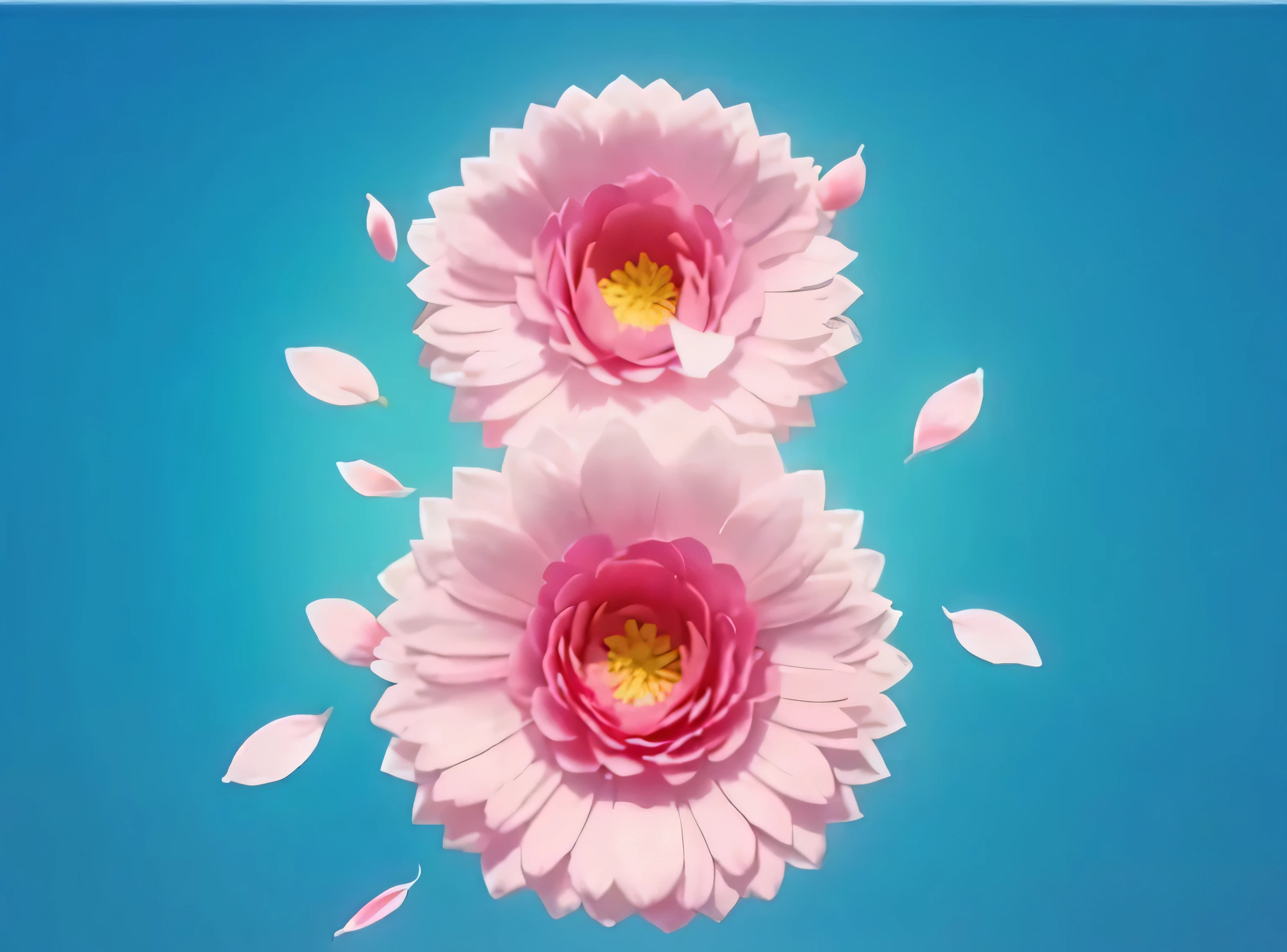 (((Number 8)))pink flowers with petals are falling from the sky on a blue background, (pink), Hungry Ghost Festival, wonderful, spring theme, Has the effect of blooming and ethereal, bright mood, Pink flower petals flying, V-ray, beautiful flowers, blue and pink, pink和蓝色, rendering, flower, bright sky, Edited in Photoshop, - n 8